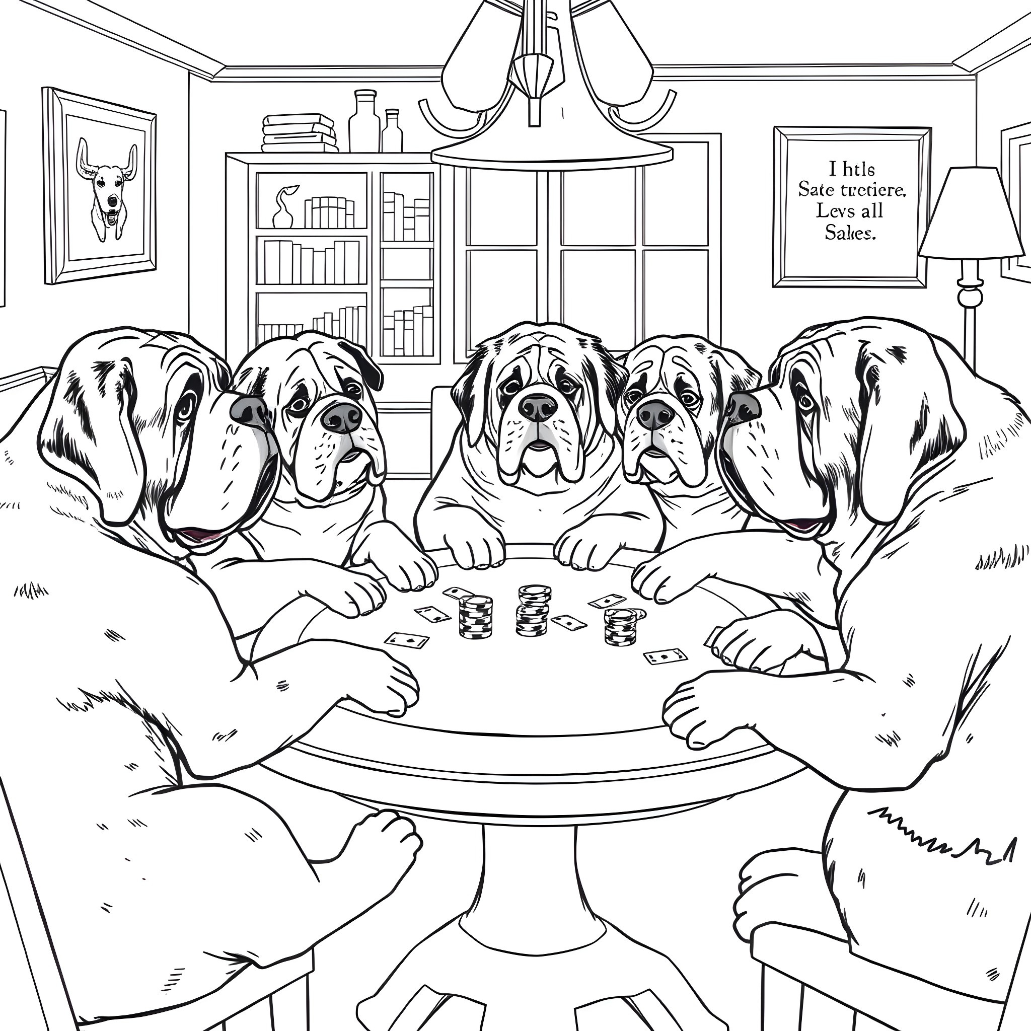Saint Bernard Dogs Playing Poker in a Cozy Room Coloring Page (free black-and-white line drawing printable PDF for all, from beginners to advanced learners, including children, teens, adults, and seniors)