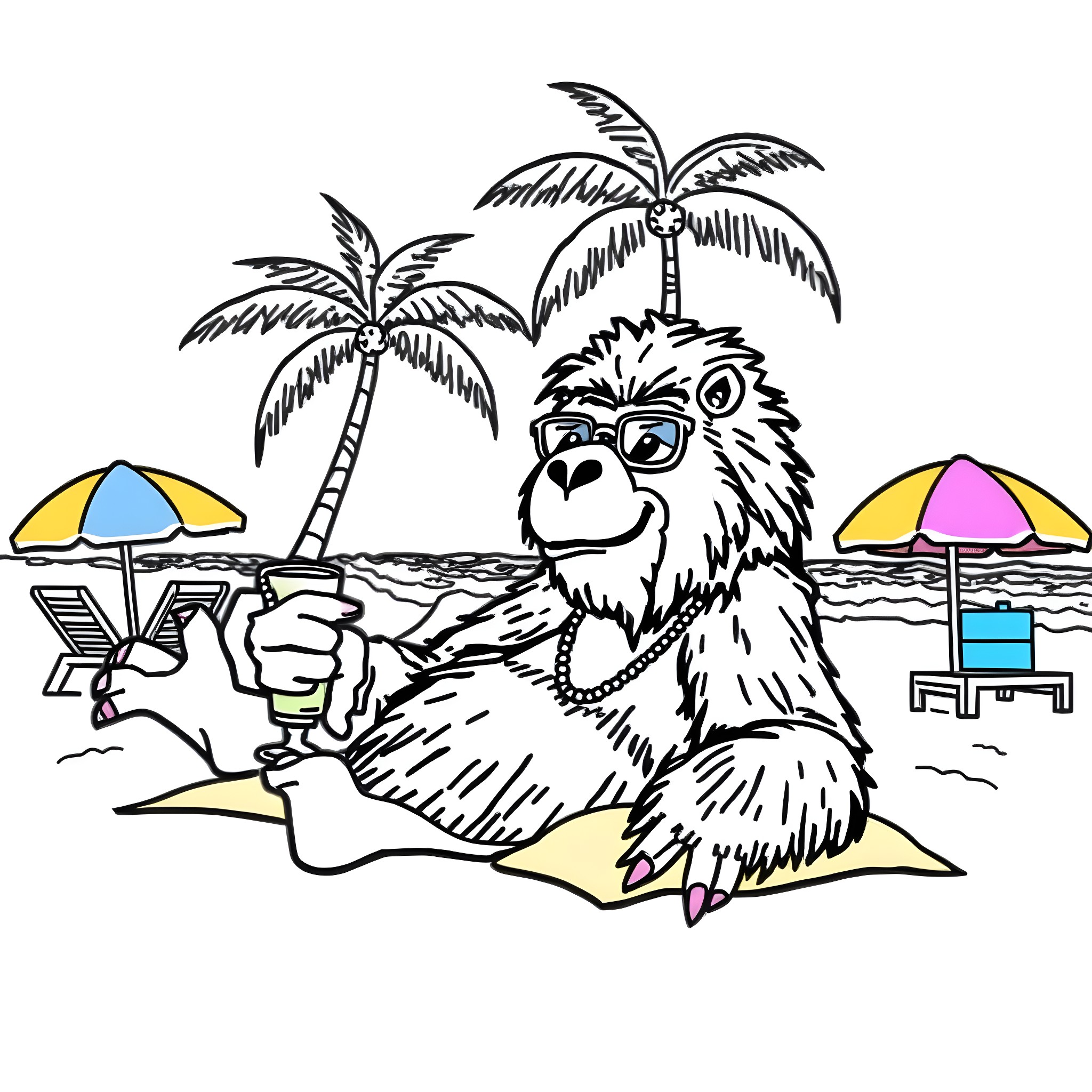 Yeti enjoying a tropical beach vacation Coloring Page (free black-and-white line drawing printable PDF for all, from beginners to advanced learners, including children, teens, adults, and seniors)