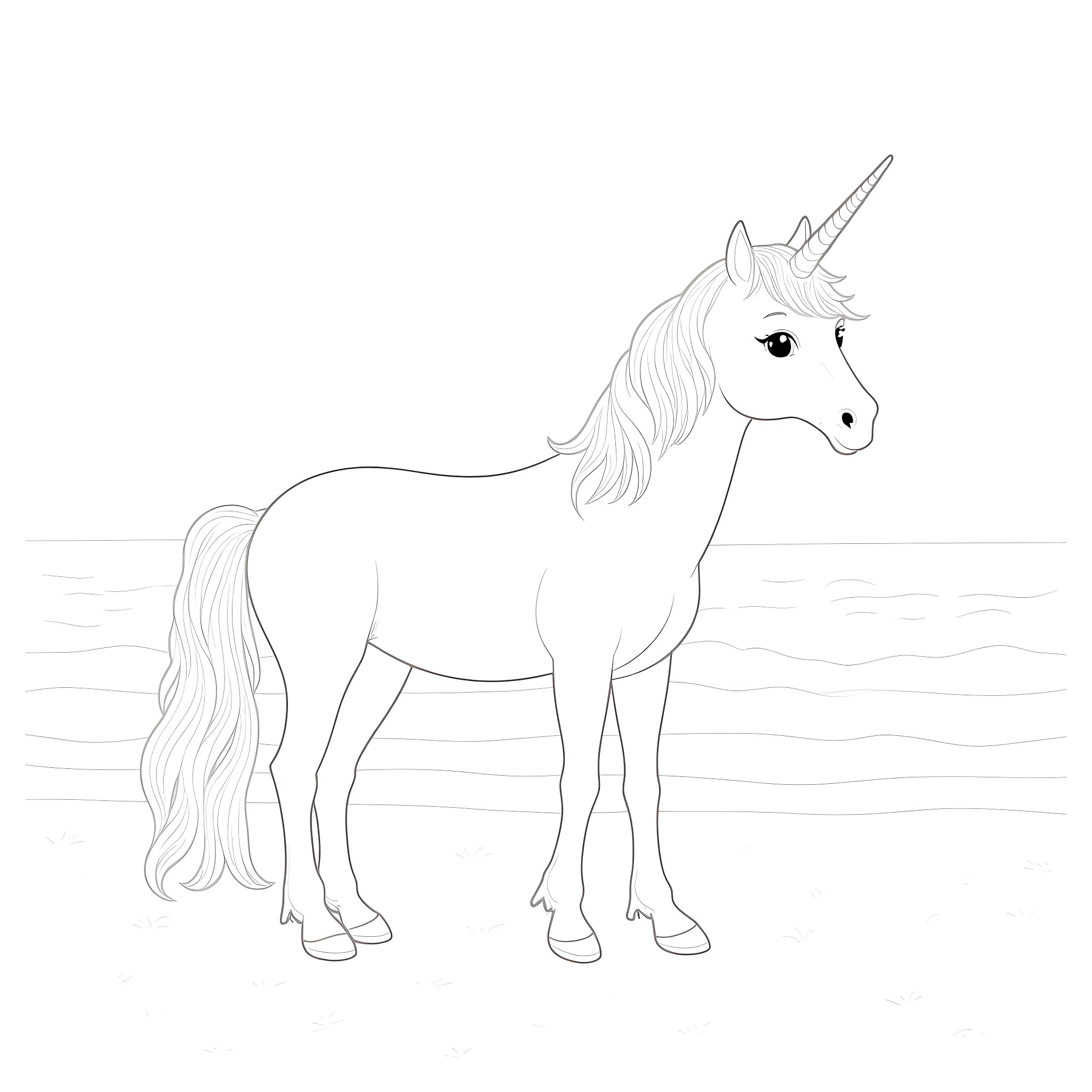 Unicorn standing majestically in the meadow Coloring Page (free black-and-white line drawing printable PDF for all, from beginners to advanced learners, including children, teens, adults, and seniors)
