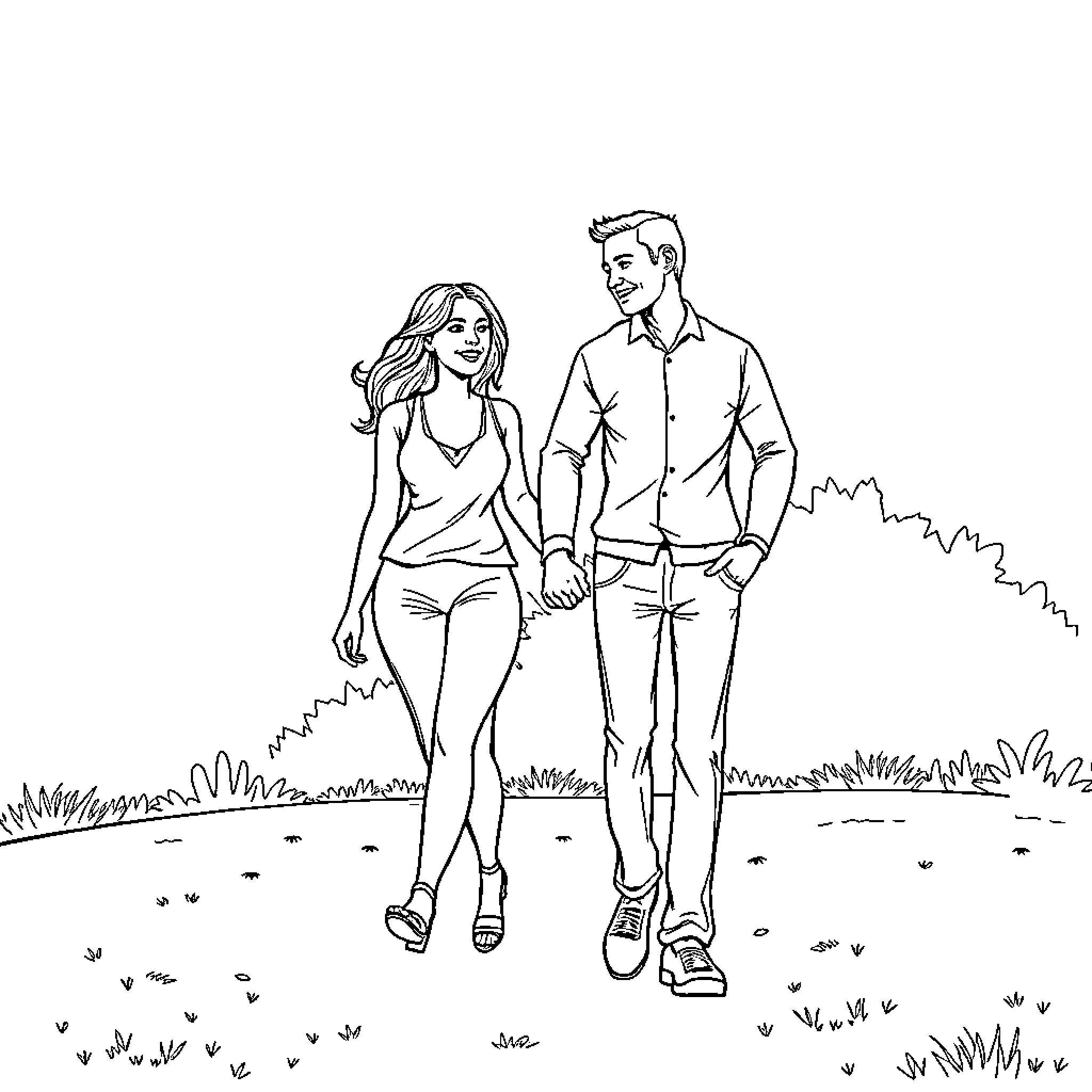 Couple enjoying scenic walk in nature Coloring Page (free black-and-white line drawing printable PDF for all, from beginners to advanced learners, including children, teens, adults, and seniors)