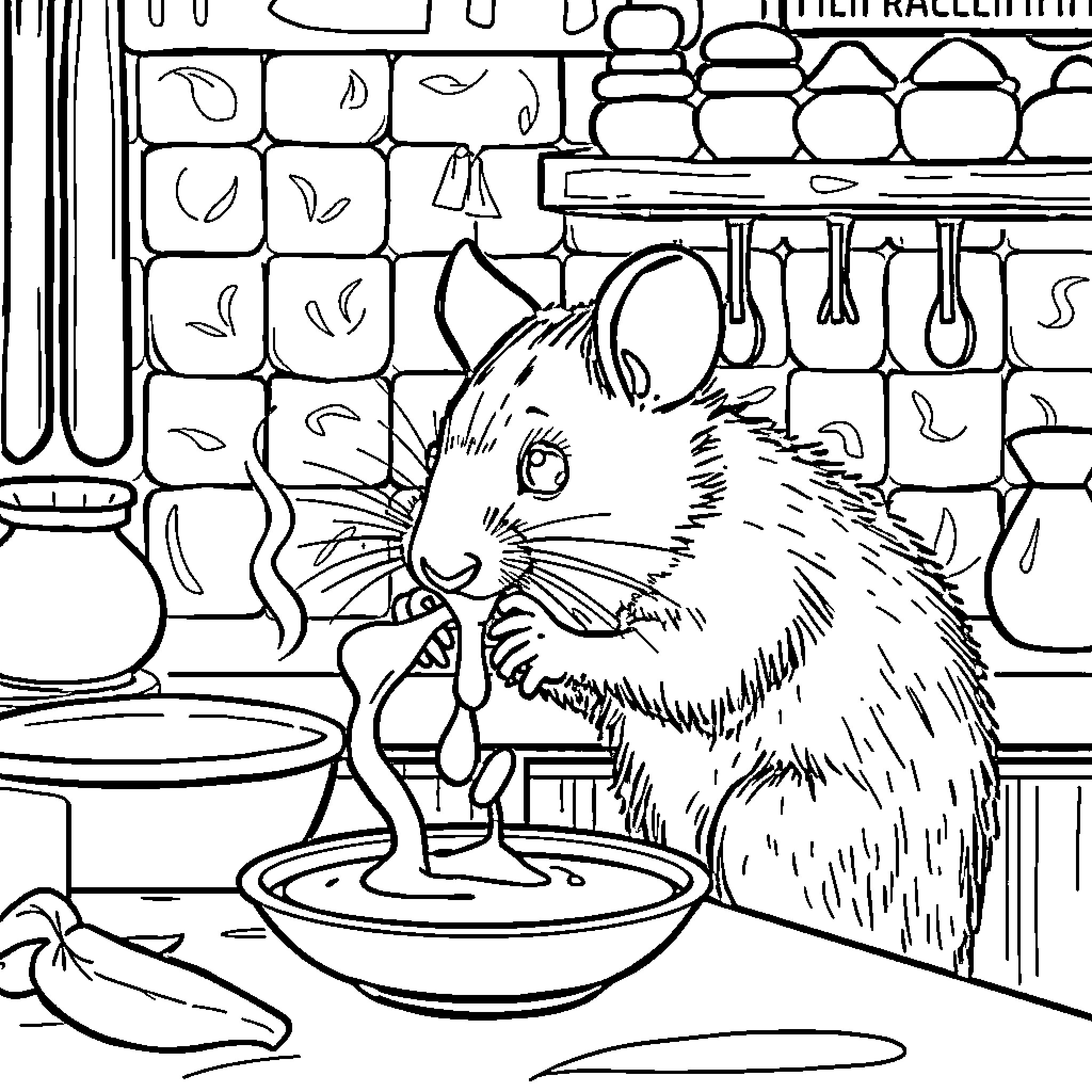 Mouse exploring a cozy kitchen Coloring Page (free black-and-white line drawing printable PDF for all, from beginners to advanced learners, including children, teens, adults, and seniors)