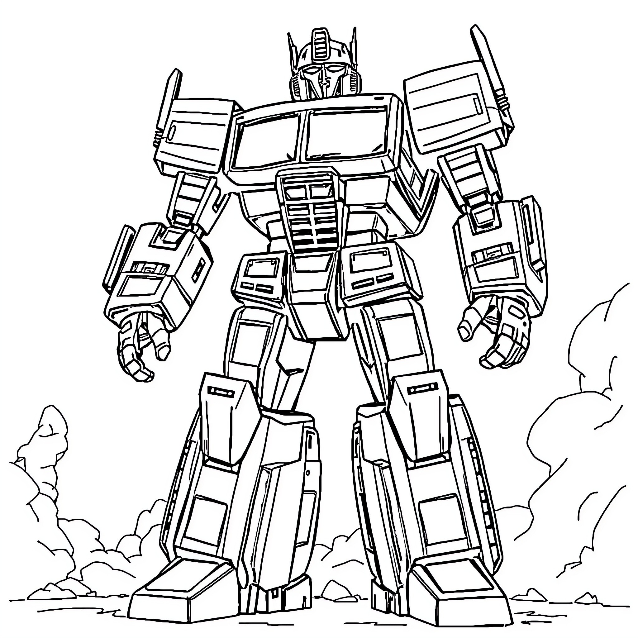 Transformer robot in battle-ready pose Coloring Page (free black-and-white line drawing printable PDF for all, from beginners to advanced learners, including children, teens, adults, and seniors)