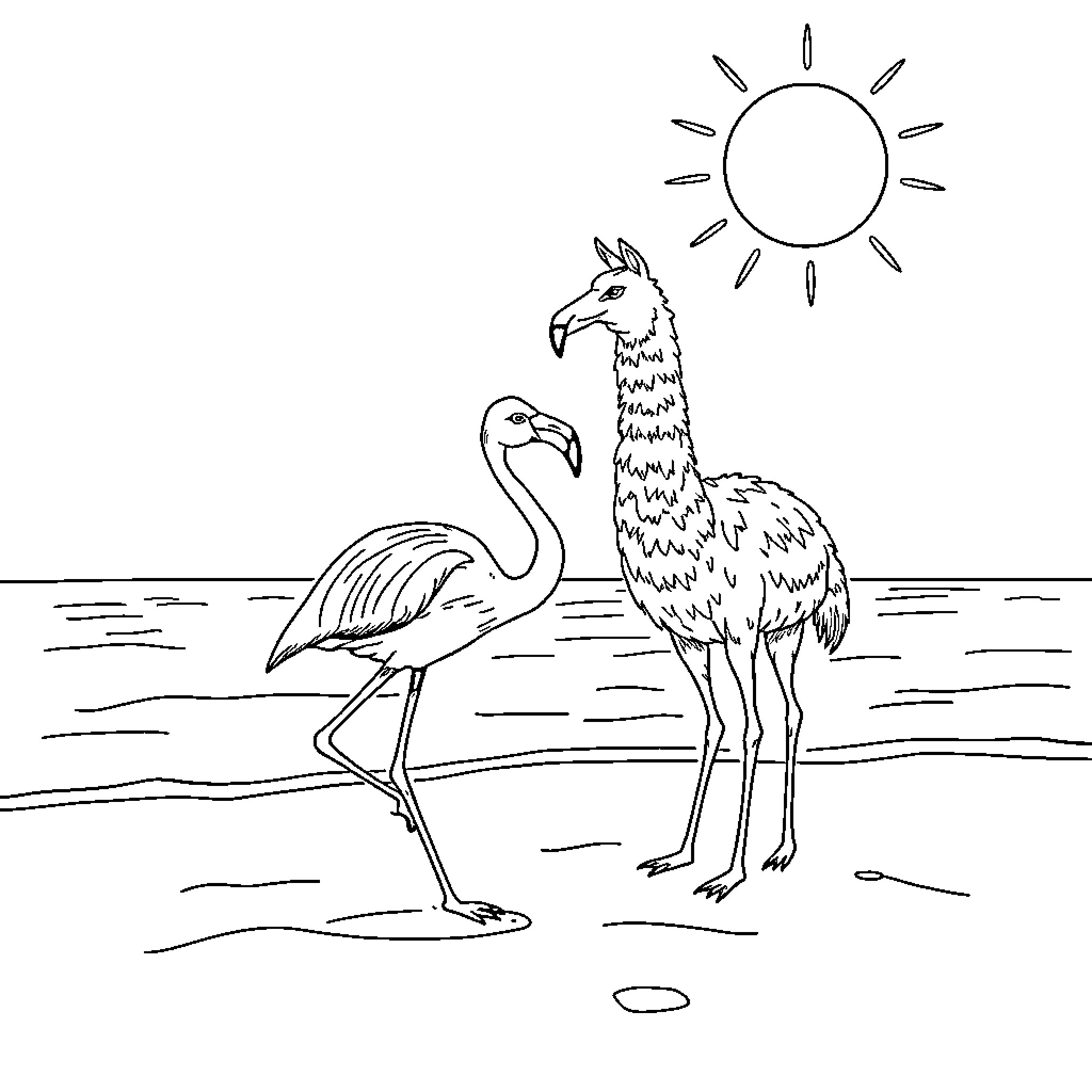 Flamingo and Llama Enjoying Sunny Day at the Beach Coloring Page (free black-and-white line drawing printable PDF for all, from beginners to advanced learners, including children, teens, adults, and seniors)