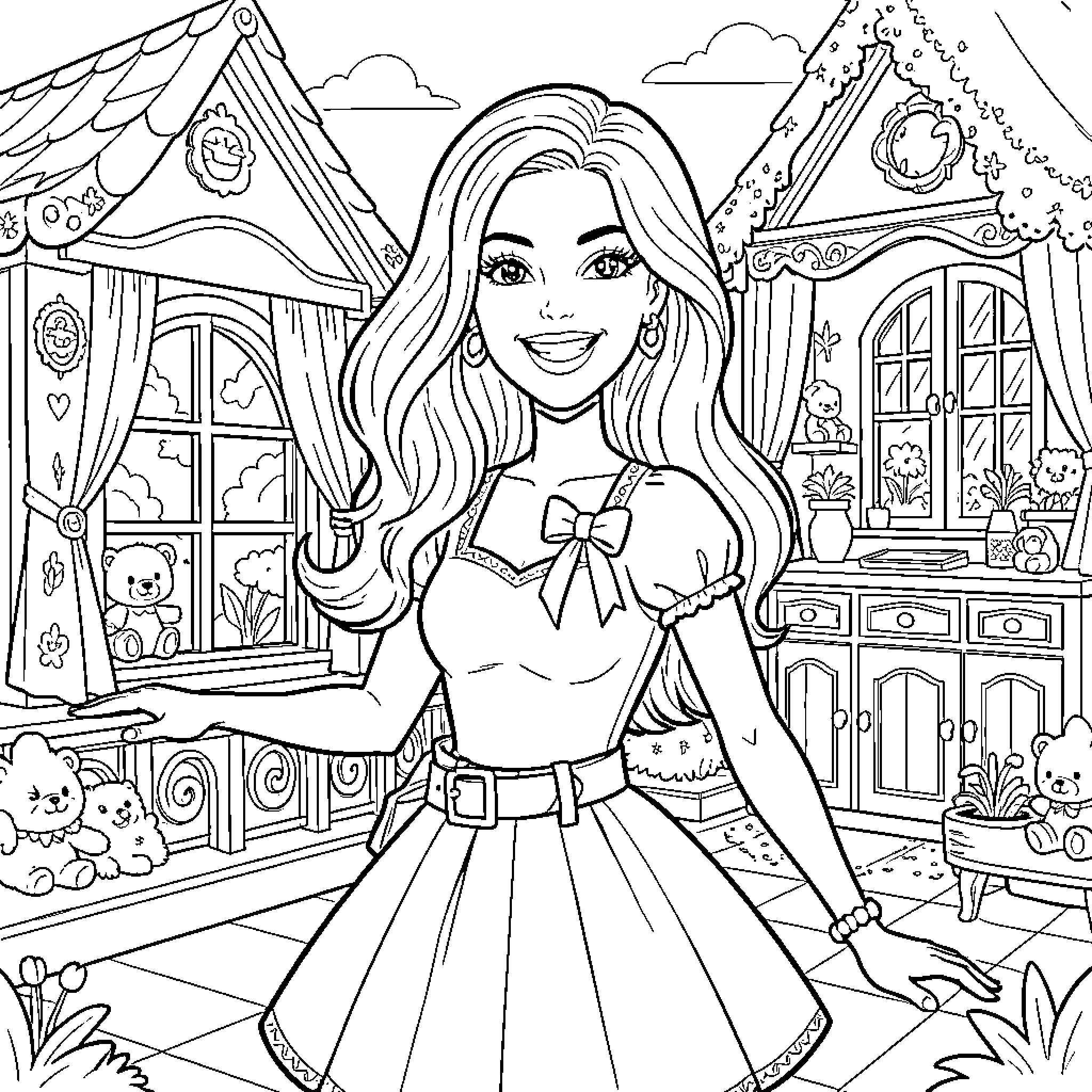 Barbie smiling cheerfully in a whimsical countryside scene Coloring Page (free black-and-white line drawing printable PDF for all, from beginners to advanced learners, including children, teens, adults, and seniors)