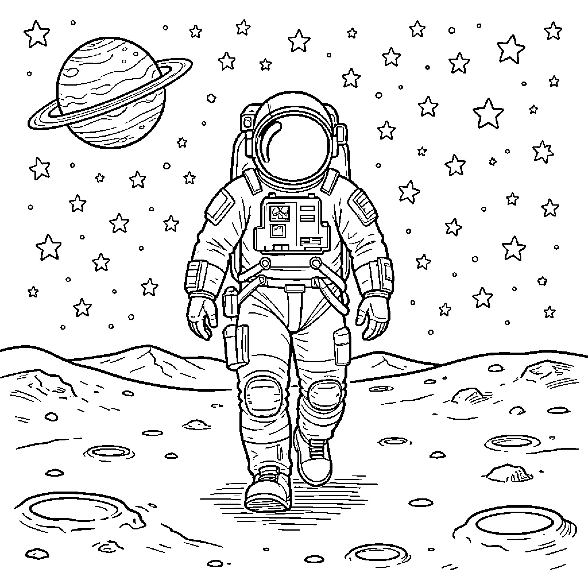Astronaut exploring the alien landscape Coloring Page (free black-and-white line drawing printable PDF for all, from beginners to advanced learners, including children, teens, adults, and seniors)