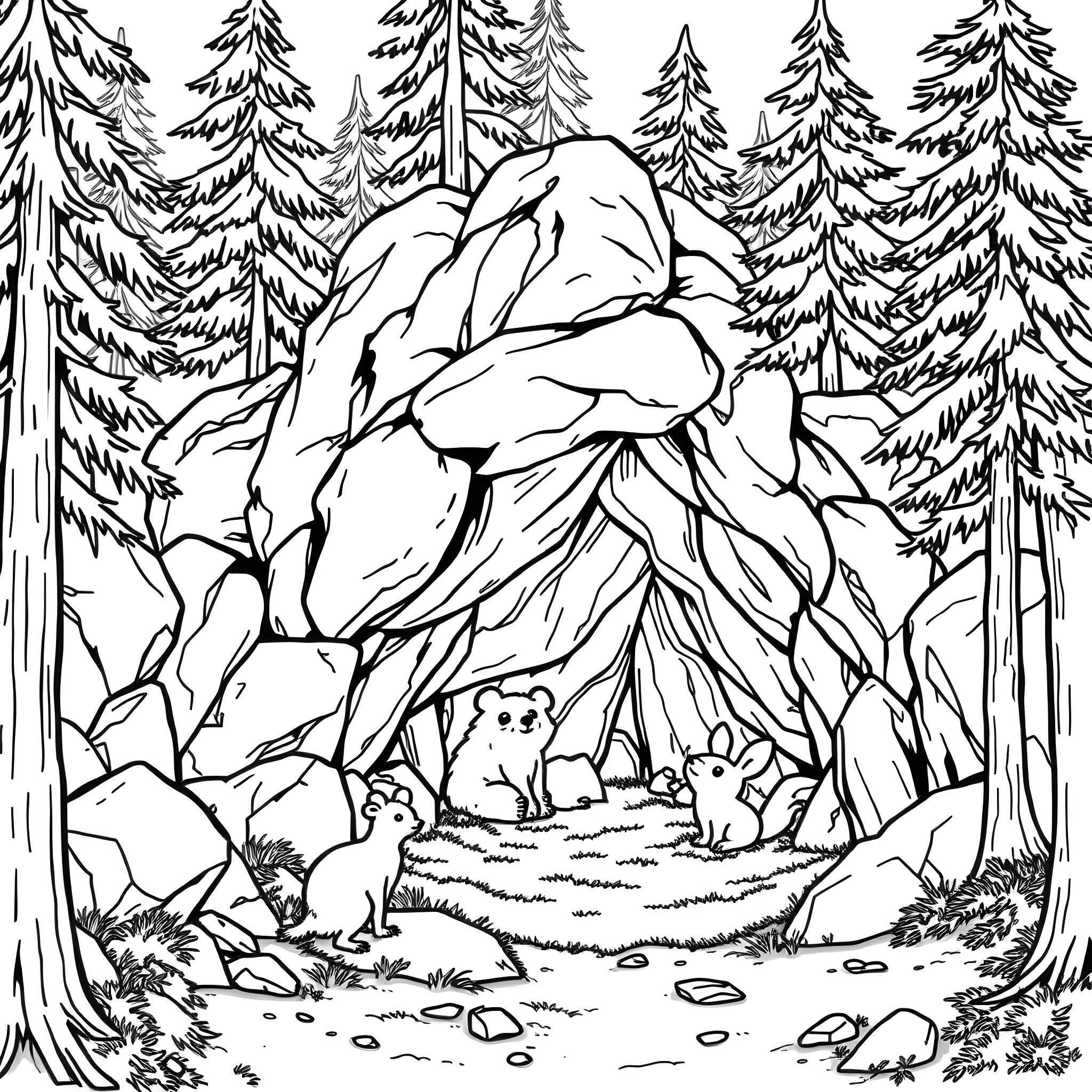 Bear family in a snowy forest Coloring Page (free black-and-white line drawing printable PDF for all, from beginners to advanced learners, including children, teens, adults, and seniors)