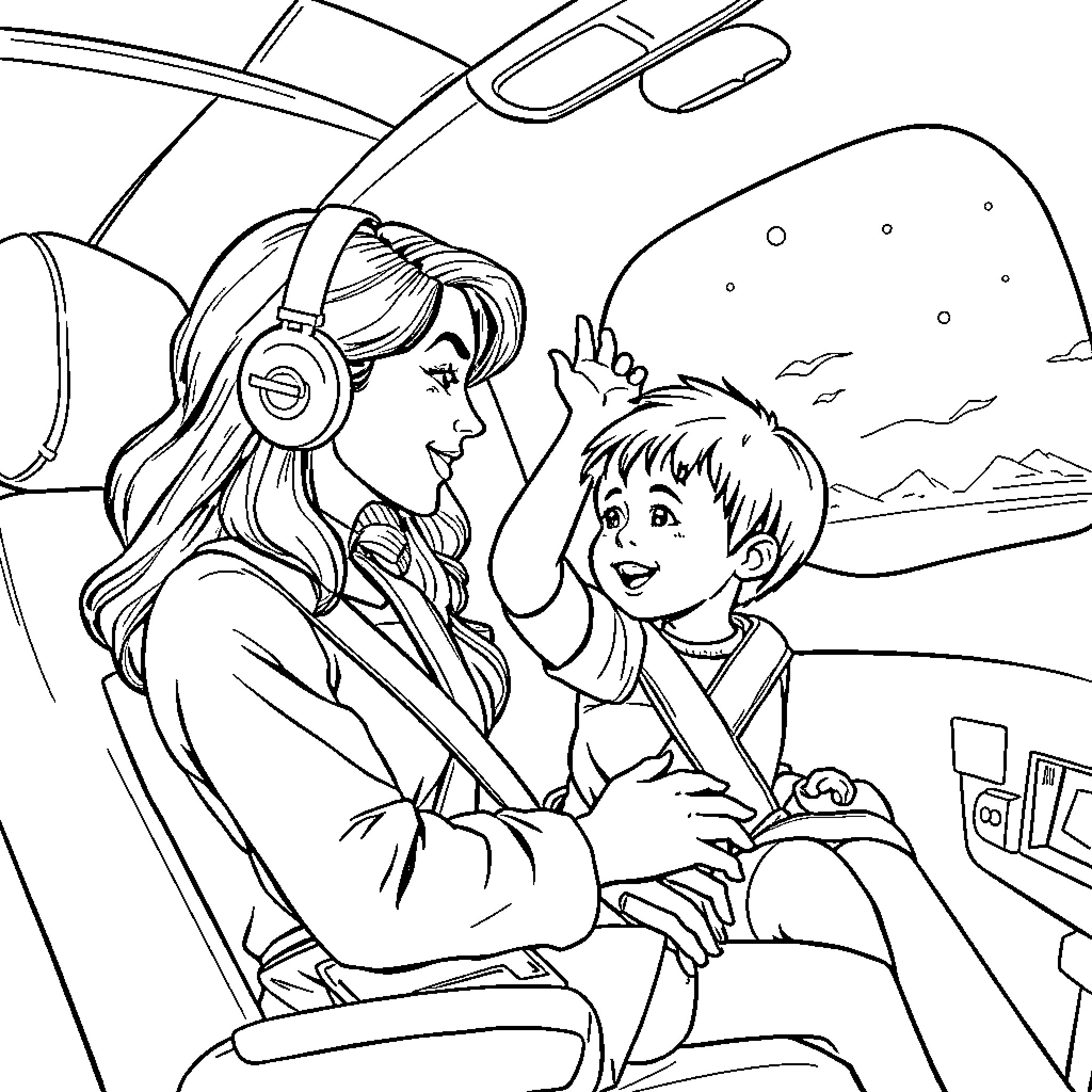Woman interacting with a child on a car journey Coloring Page (free black-and-white line drawing printable PDF for all, from beginners to advanced learners, including children, teens, adults, and seniors)