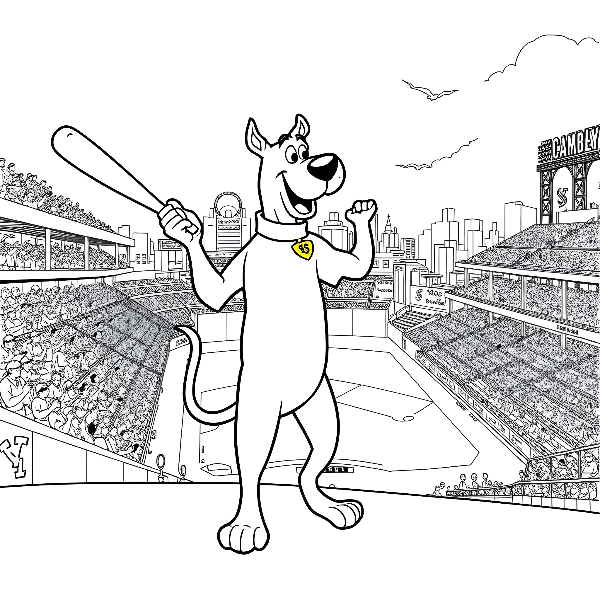 Scooby Doo enjoying a baseball game in the city Coloring Page (free black-and-white line drawing printable PDF for all, from beginners to advanced learners, including children, teens, adults, and seniors)