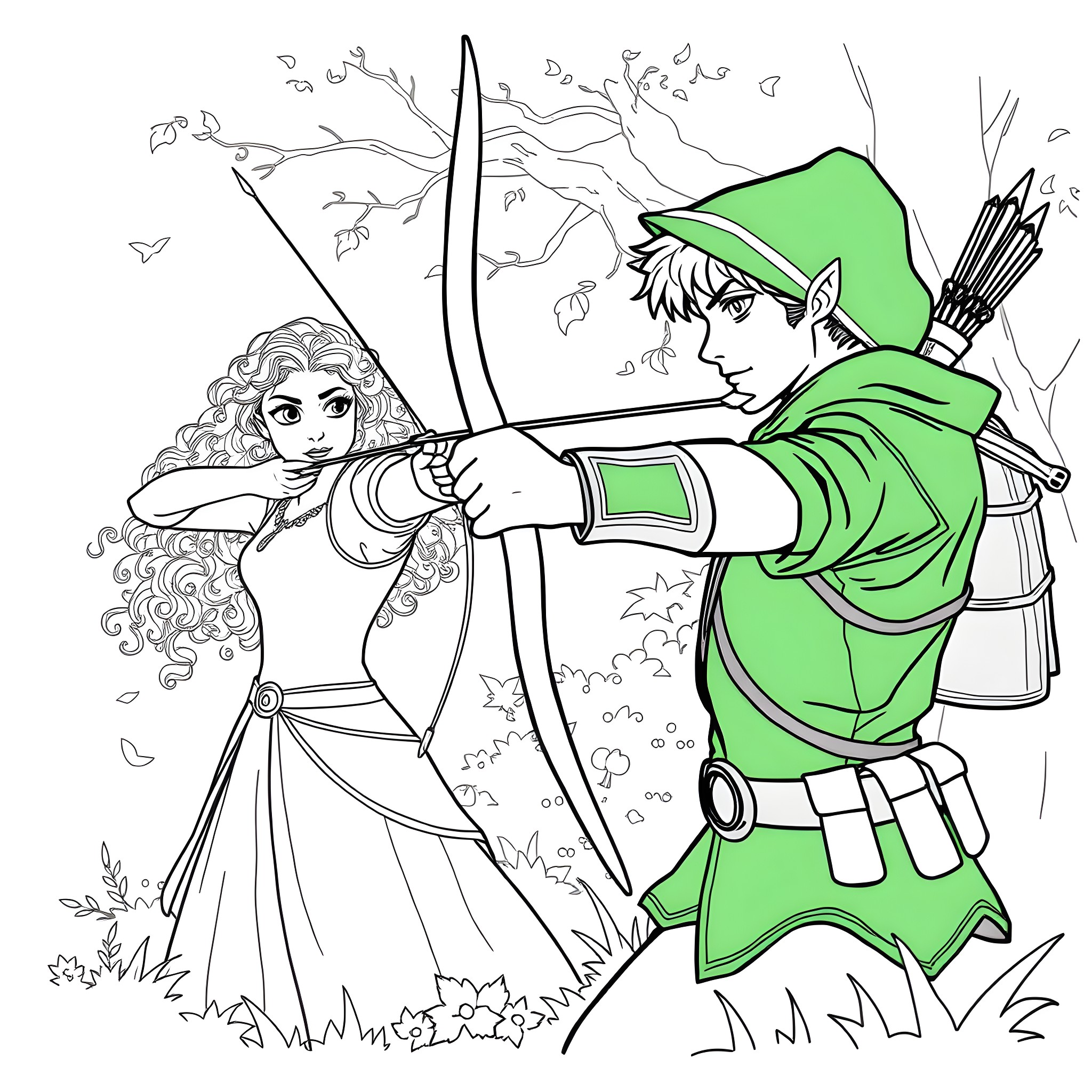 Princess and Archer in Enchanted Forest Coloring Page (free black-and-white line drawing printable PDF for all, from beginners to advanced learners, including children, teens, adults, and seniors)