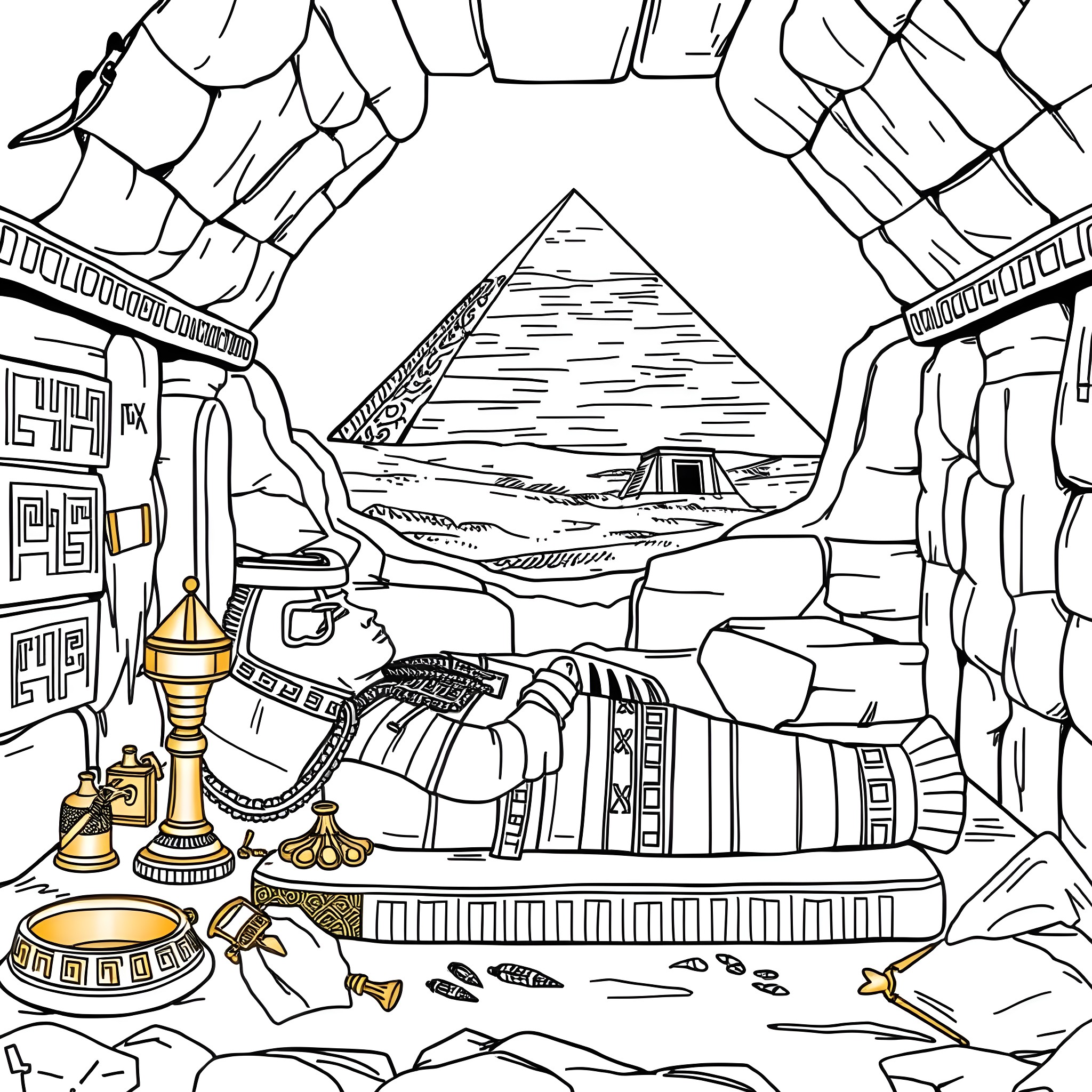 Mummy's Mysterious Egyptian Adventure Coloring Page (free black-and-white line drawing printable PDF for all, from beginners to advanced learners, including children, teens, adults, and seniors)