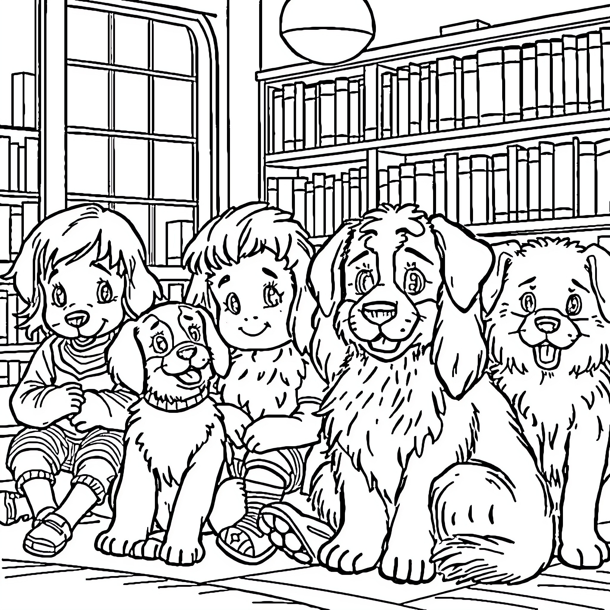 Child playing joyfully with adorable puppies in library Coloring Page (free black-and-white line drawing printable PDF for all, from beginners to advanced learners, including children, teens, adults, and seniors)