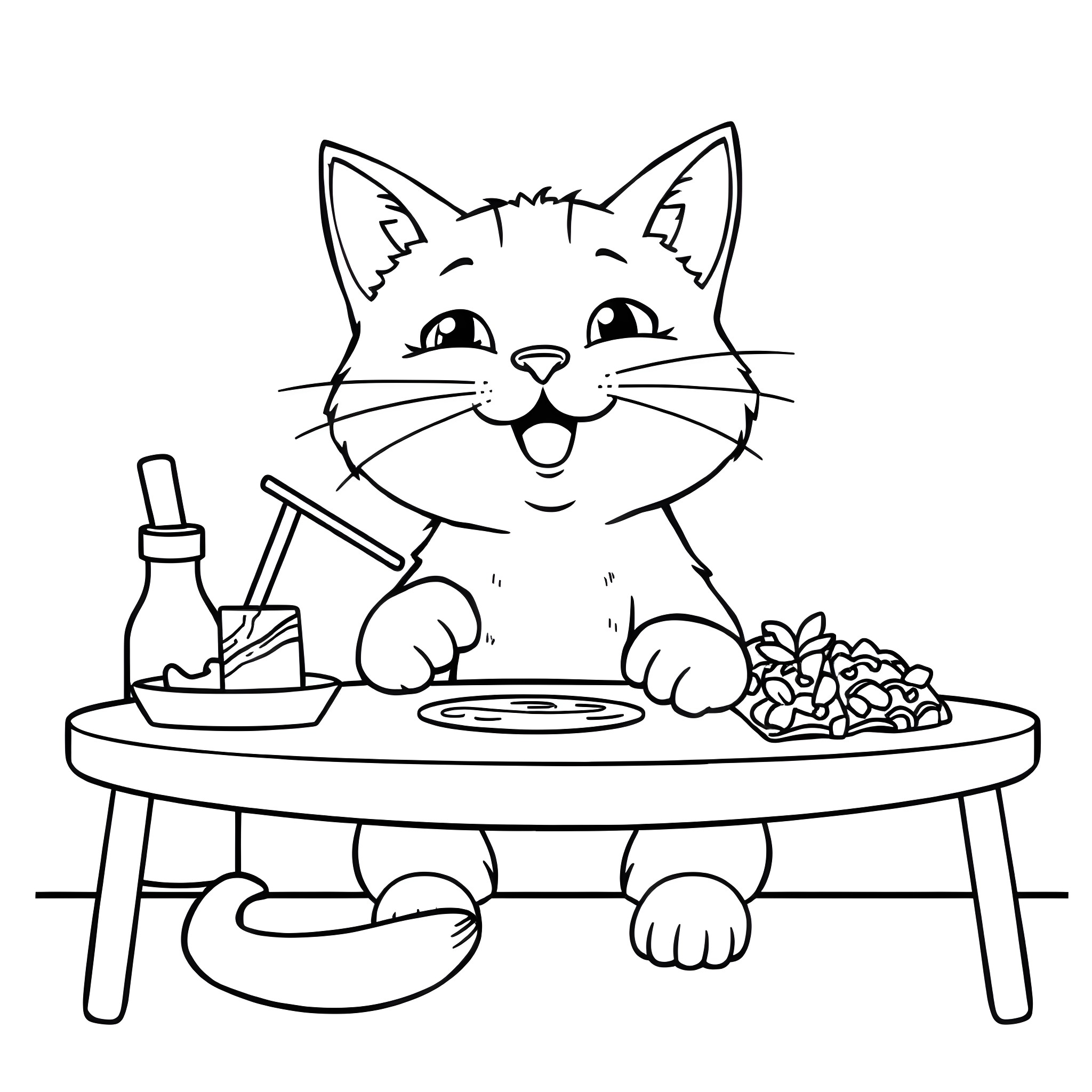 Cat enjoying snacks at the table Coloring Page (free black-and-white line drawing printable PDF for all, from beginners to advanced learners, including children, teens, adults, and seniors)