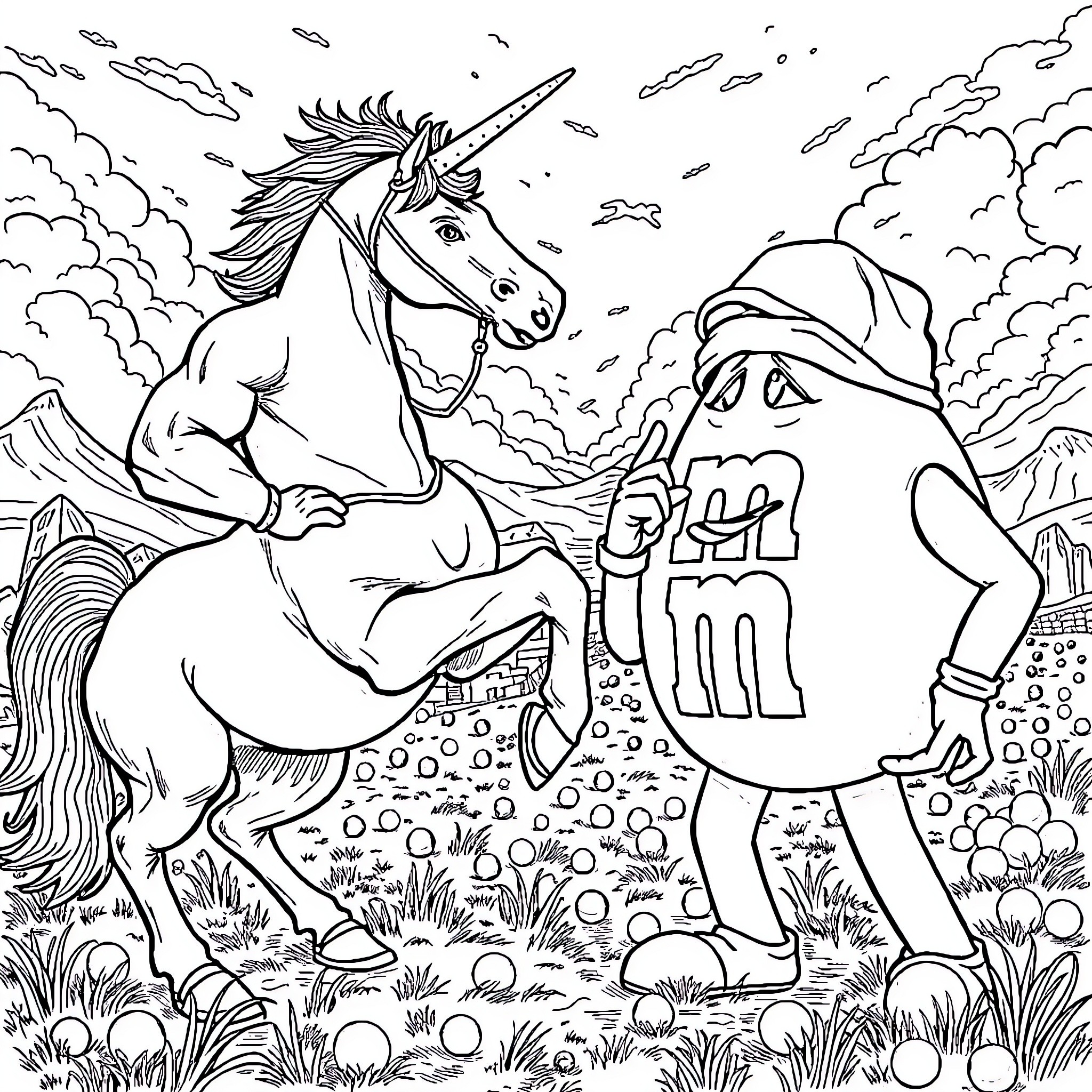 50 Cent Unicorn and Mushroom Encounter Coloring Page (free black-and-white line drawing printable PDF for all, from beginners to advanced learners, including children, teens, adults, and seniors)