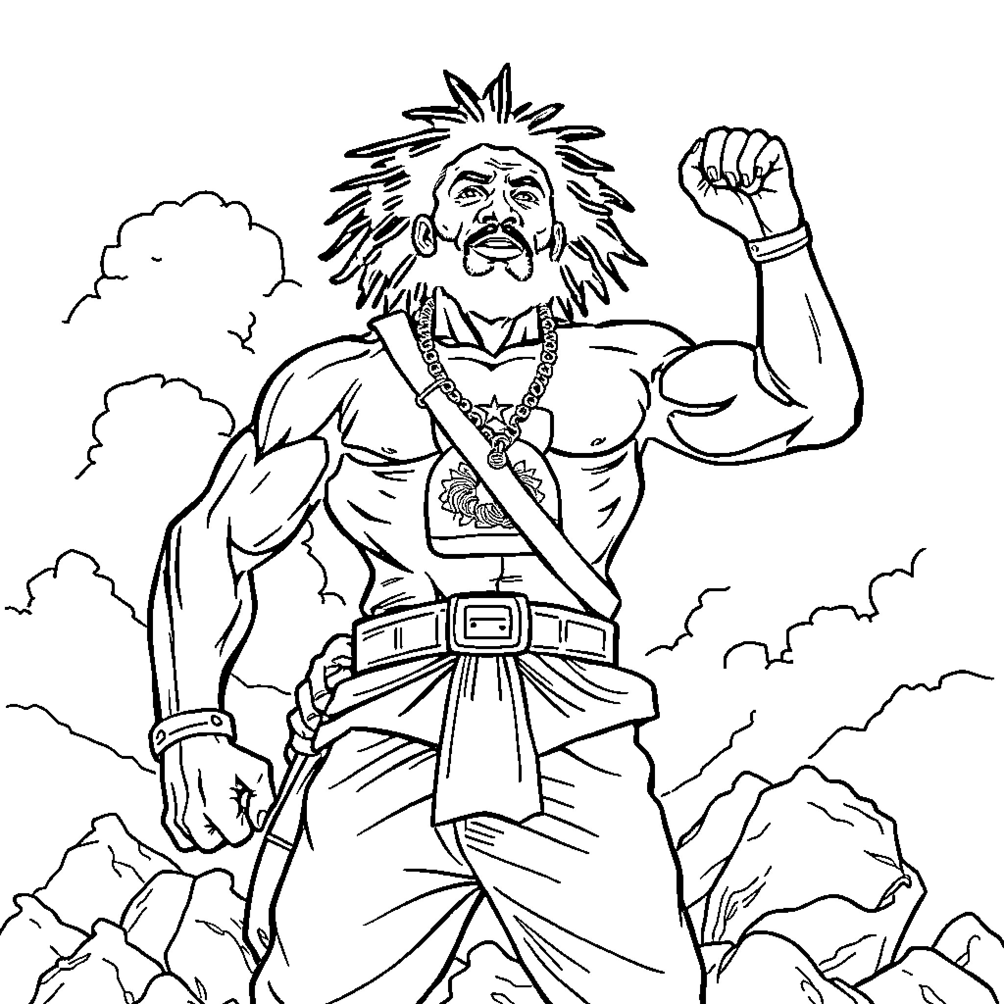 Haitian Hero Triumphantly Standing Among the Clouds Coloring Page (free black-and-white line drawing printable PDF for all, from beginners to advanced learners, including children, teens, adults, and seniors)