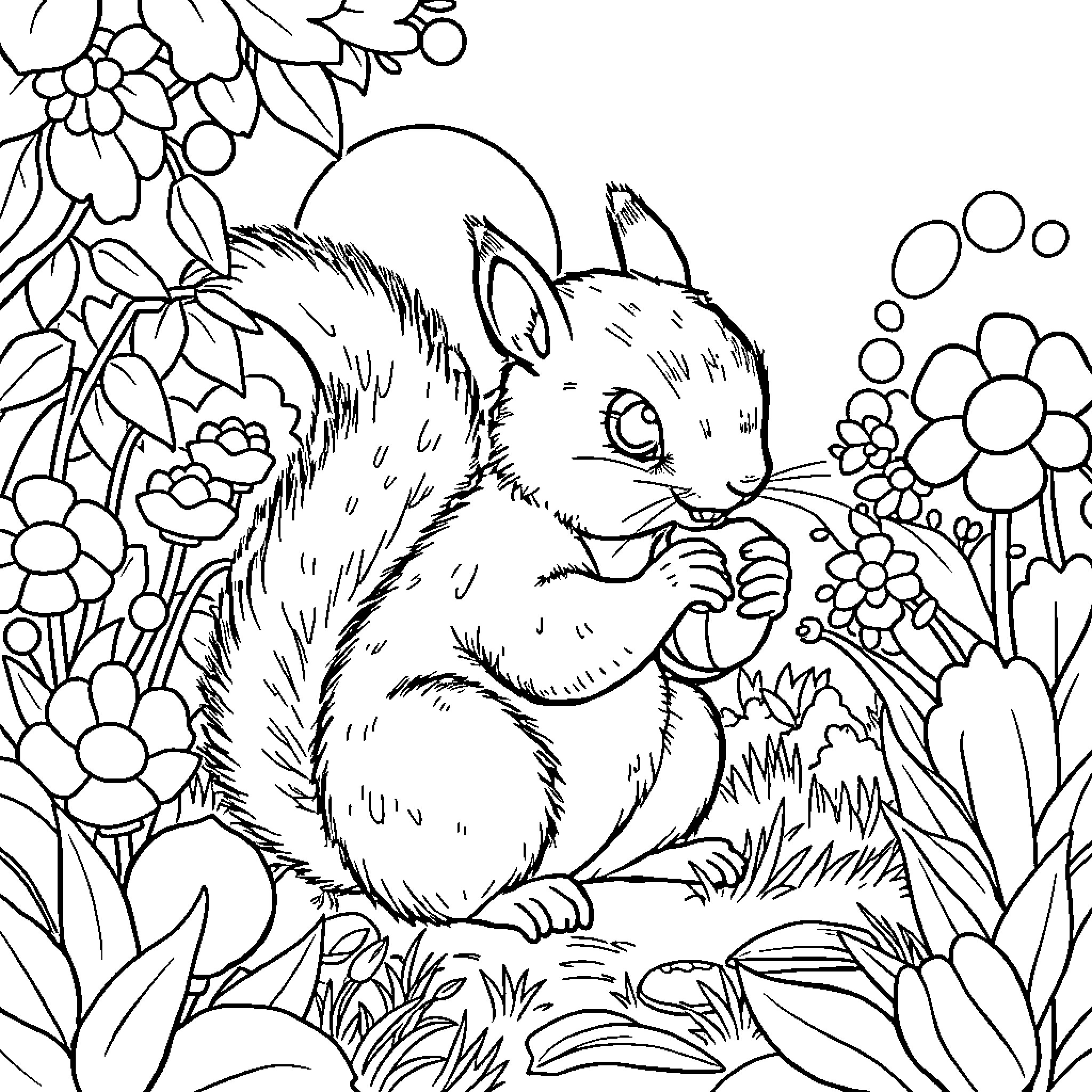 Squirrel exploring the garden Coloring Page (free black-and-white line drawing printable PDF for all, from beginners to advanced learners, including children, teens, adults, and seniors)