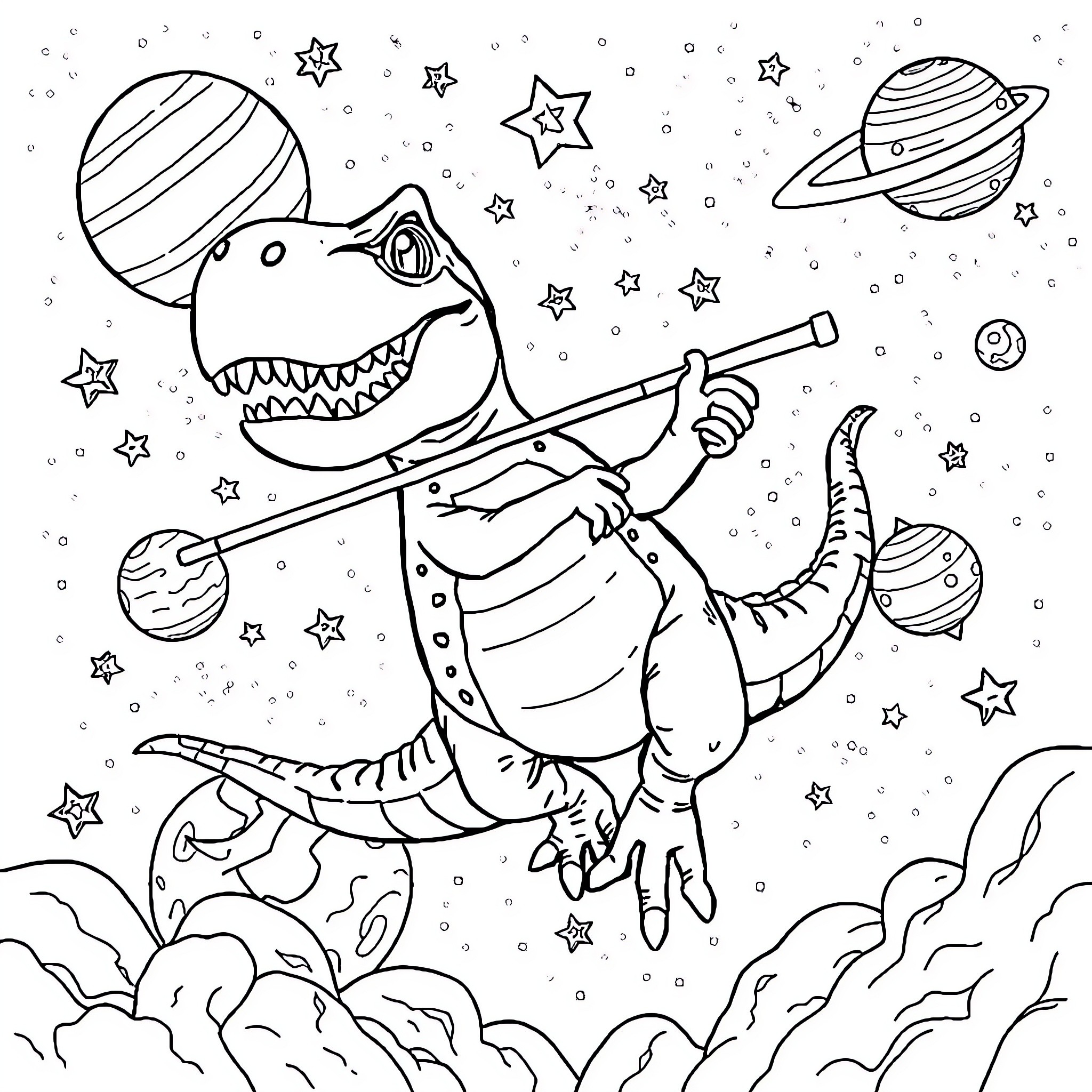 T-Rex astronaut exploring the galaxy Coloring Page (free black-and-white line drawing printable PDF for all, from beginners to advanced learners, including children, teens, adults, and seniors)