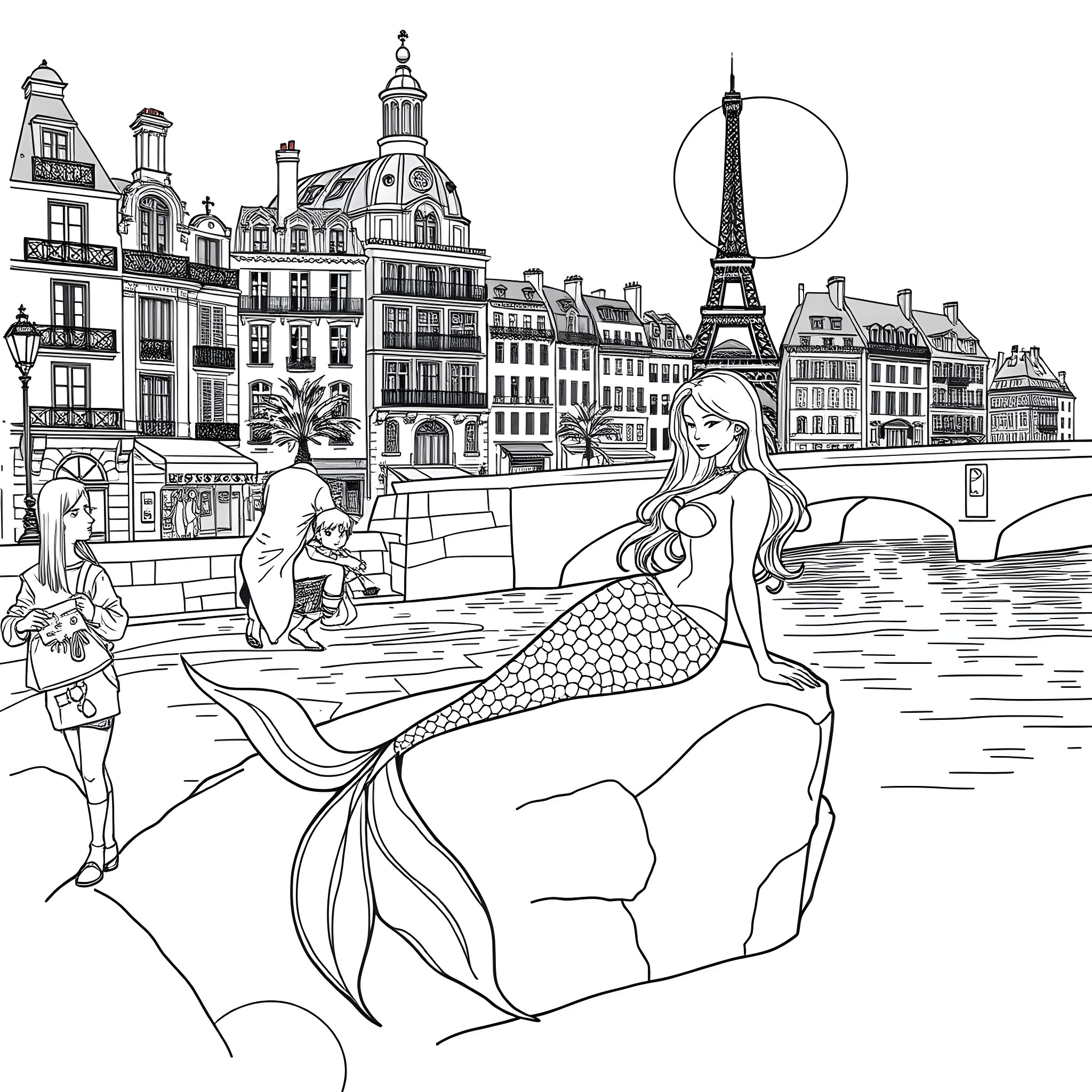 Mermaid enchants visitors in Paris cityscape Coloring Page (free black-and-white line drawing printable PDF for all, from beginners to advanced learners, including children, teens, adults, and seniors)