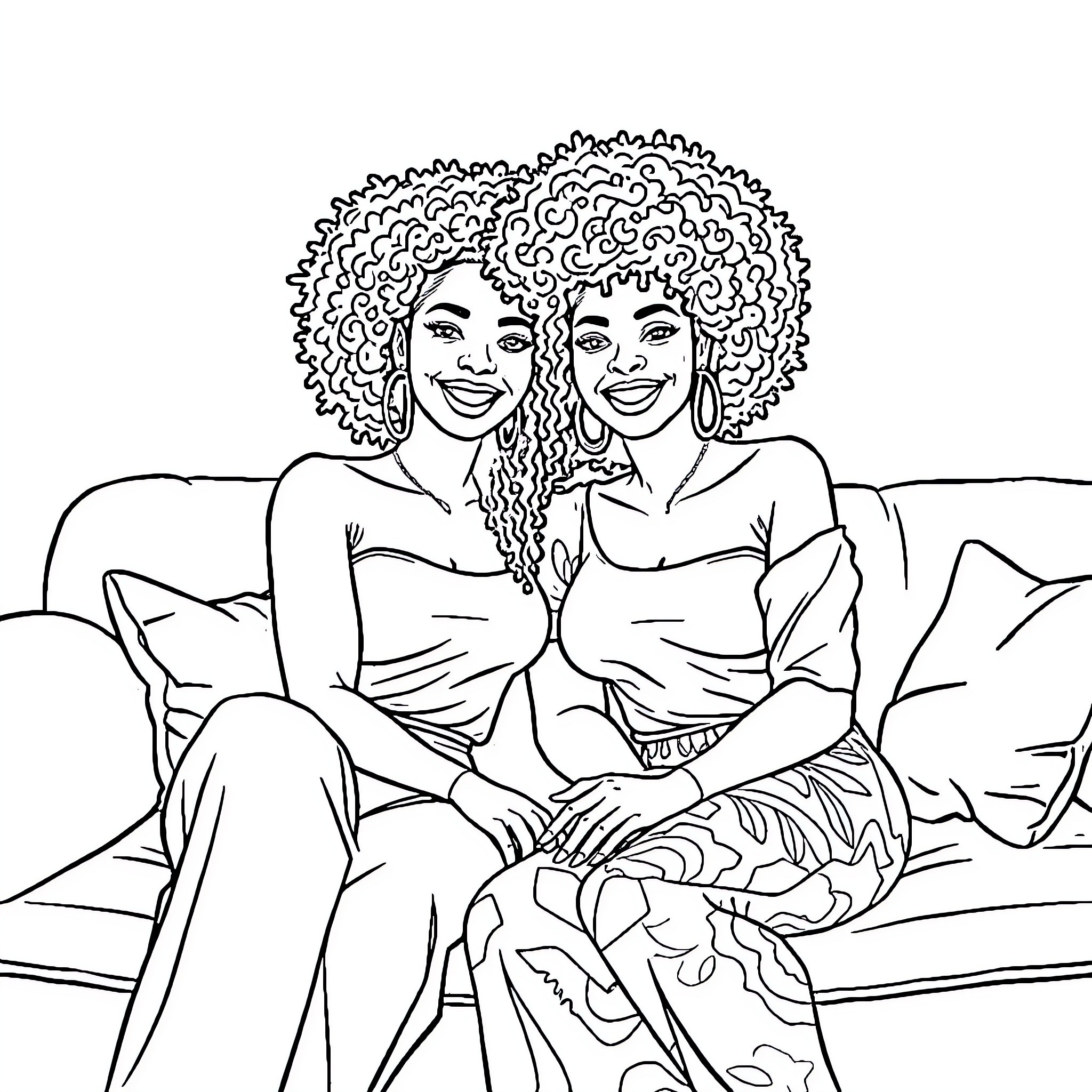 Women relaxing together on a couch Coloring Page (free black-and-white line drawing printable PDF for all, from beginners to advanced learners, including children, teens, adults, and seniors)