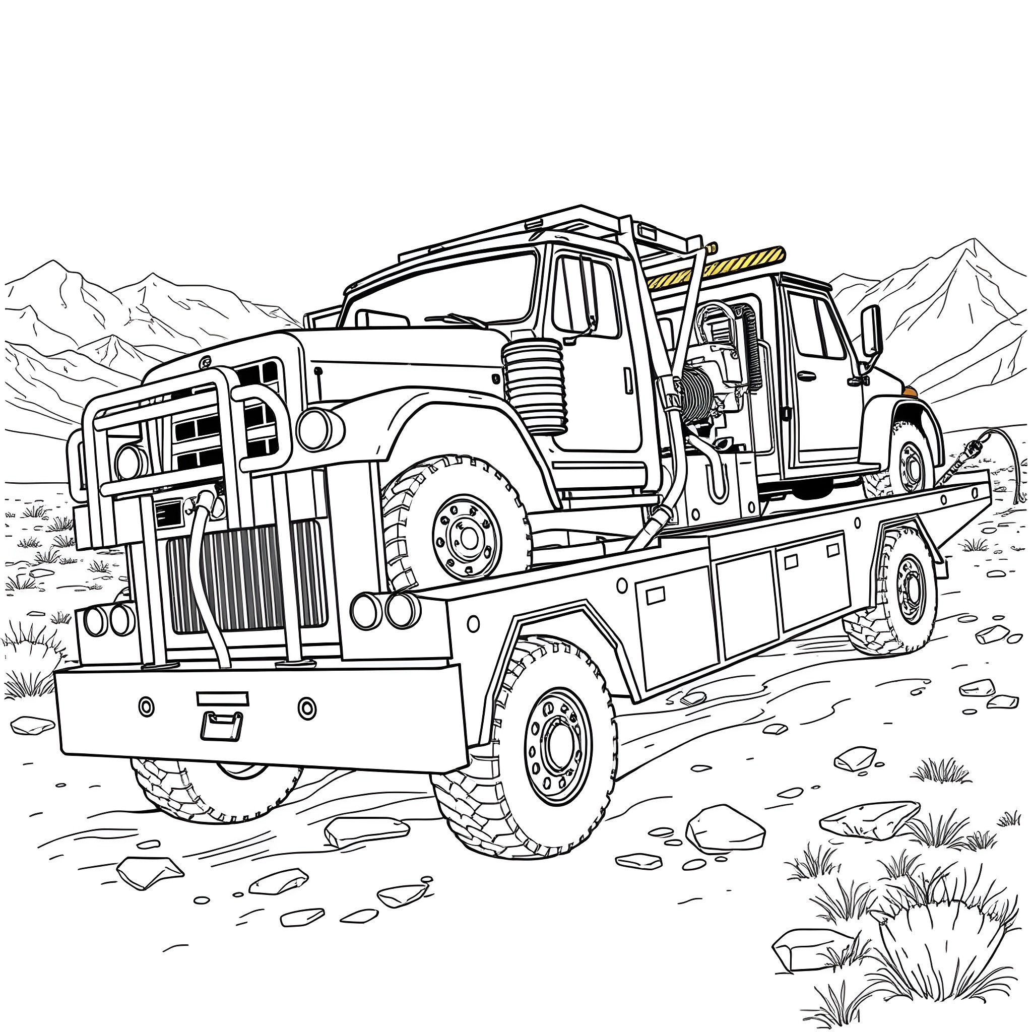Tow Truck Assisting Vehicle on Rugged Terrain Coloring Page (free black-and-white line drawing printable PDF for all, from beginners to advanced learners, including children, teens, adults, and seniors)