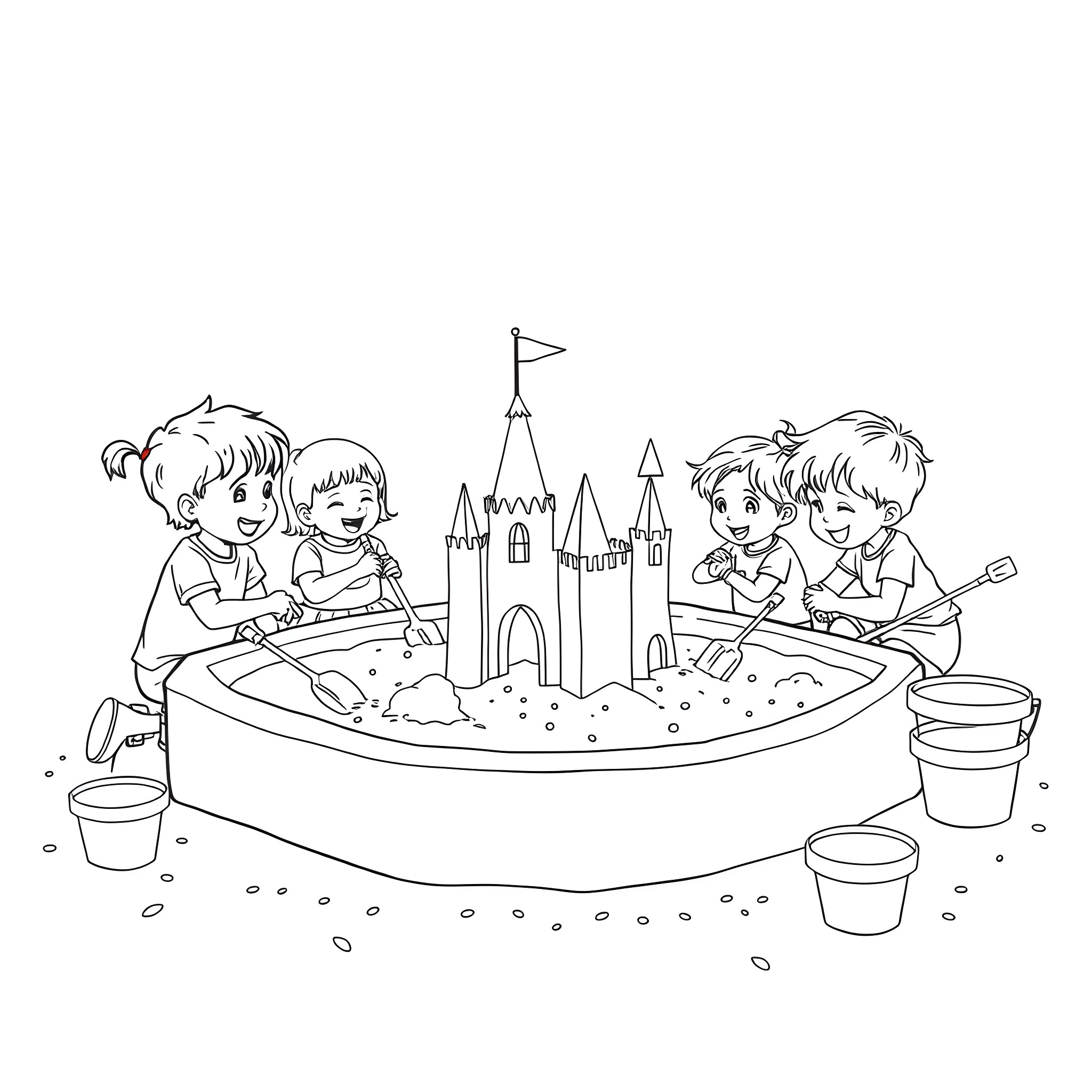 Kid playing with toys in sandcastle scene Coloring Page (free black-and-white line drawing printable PDF for all, from beginners to advanced learners, including children, teens, adults, and seniors)