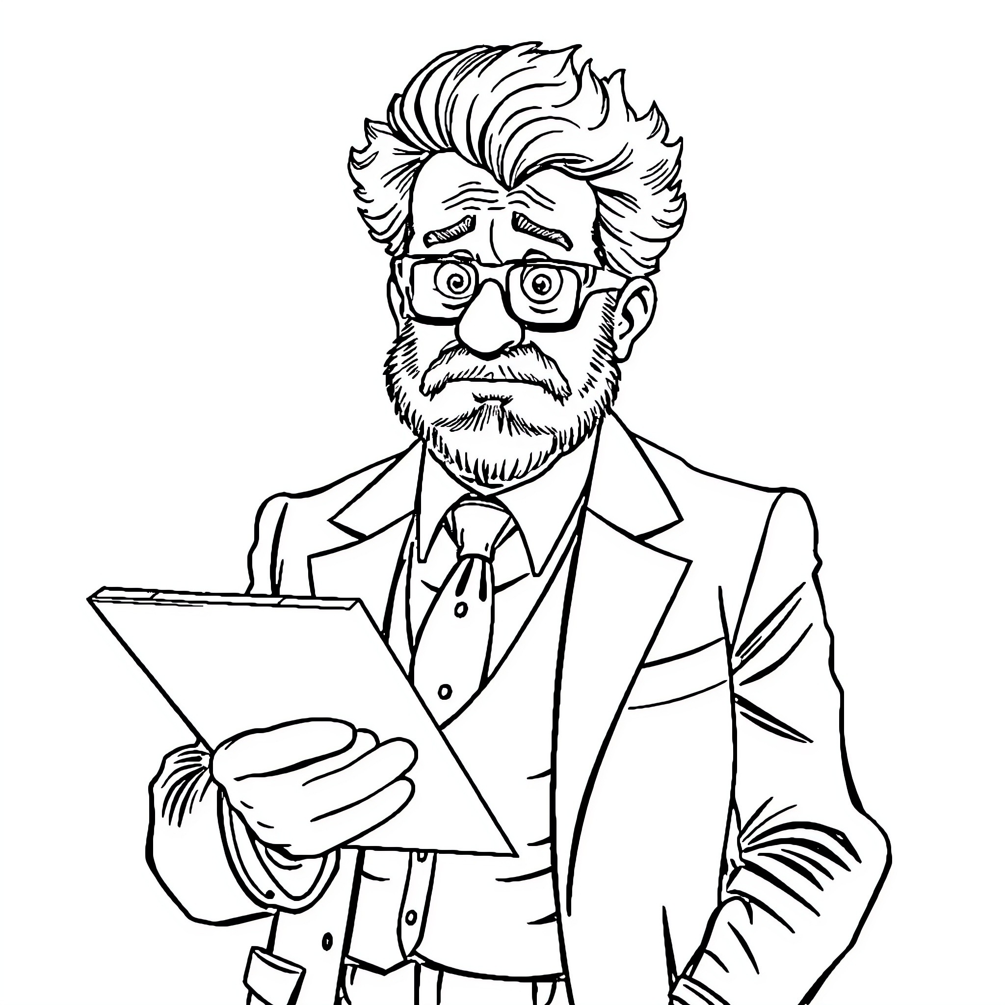 Dr Steve Brule in professional attire examining documents Coloring Page (free black-and-white line drawing printable PDF for all, from beginners to advanced learners, including children, teens, adults, and seniors)