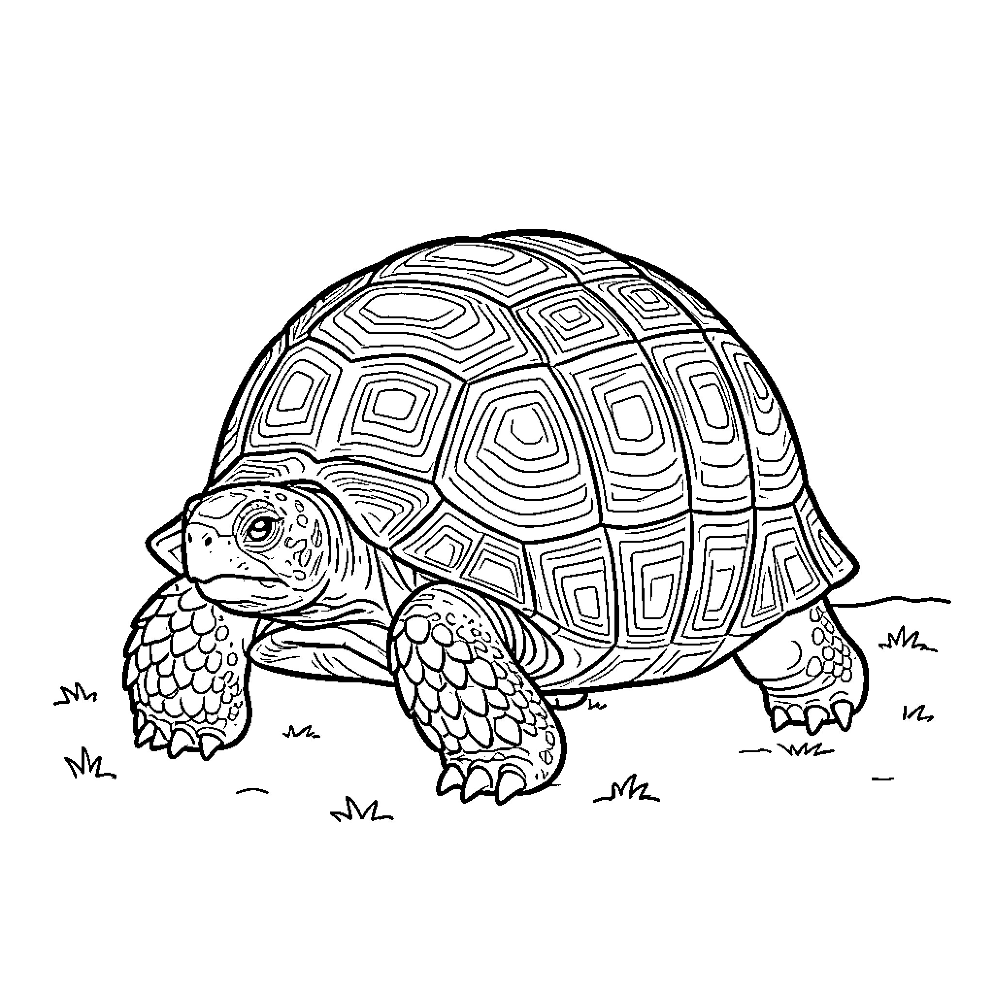 Turtle walking slowly across a grassy field Coloring Page (free black-and-white line drawing printable PDF for all, from beginners to advanced learners, including children, teens, adults, and seniors)