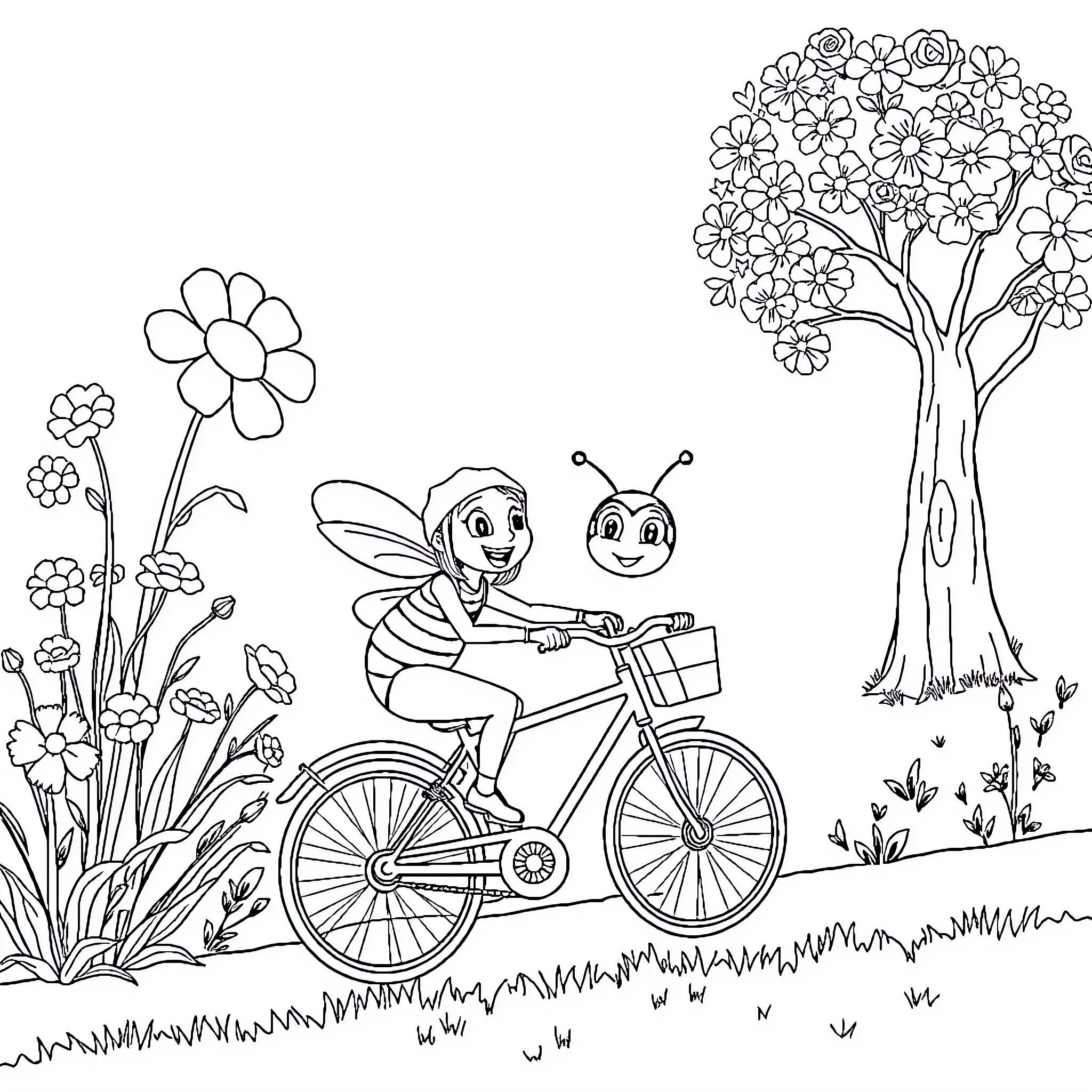 Maya and Willy ride bicycles through a flowery meadow Coloring Page (free black-and-white line drawing printable PDF for all, from beginners to advanced learners, including children, teens, adults, and seniors)