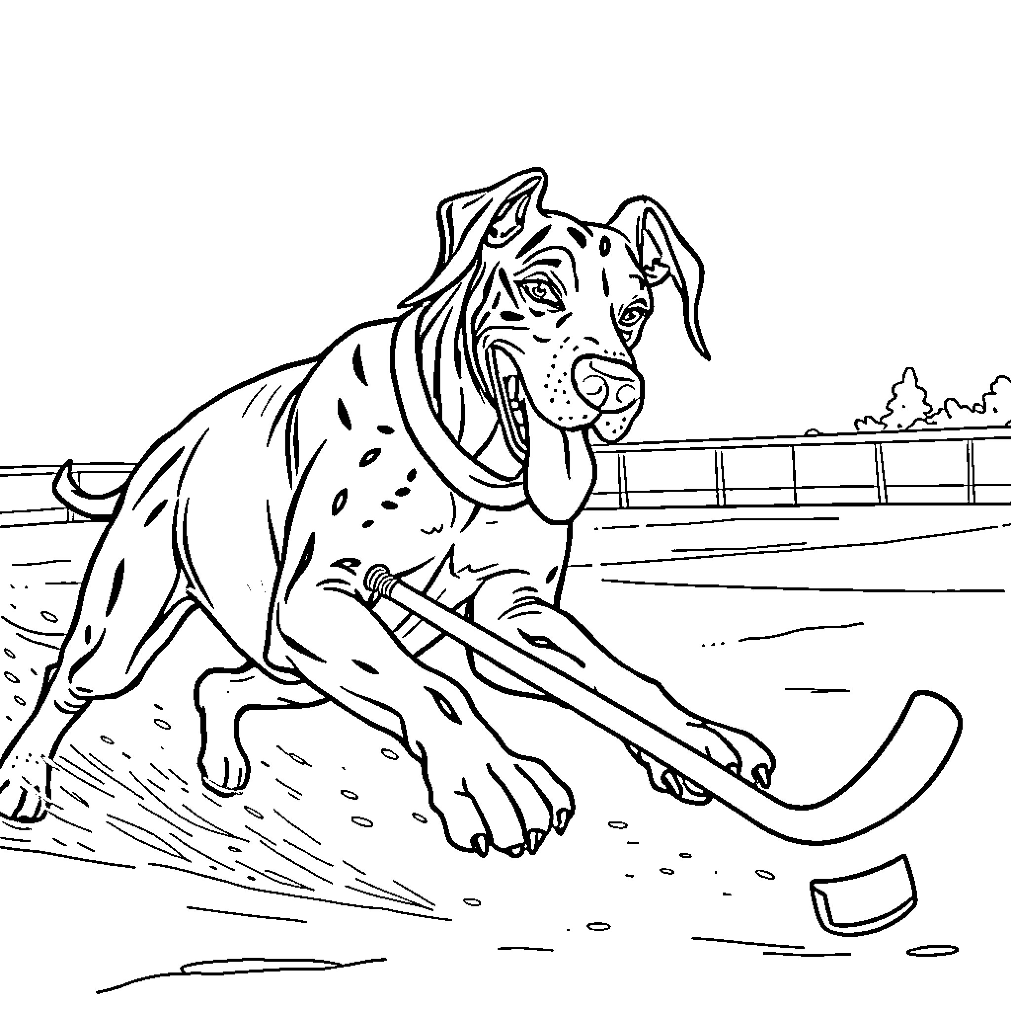 Great Dane playing hockey on ice rink Coloring Page (free black-and-white line drawing printable PDF for all, from beginners to advanced learners, including children, teens, adults, and seniors)