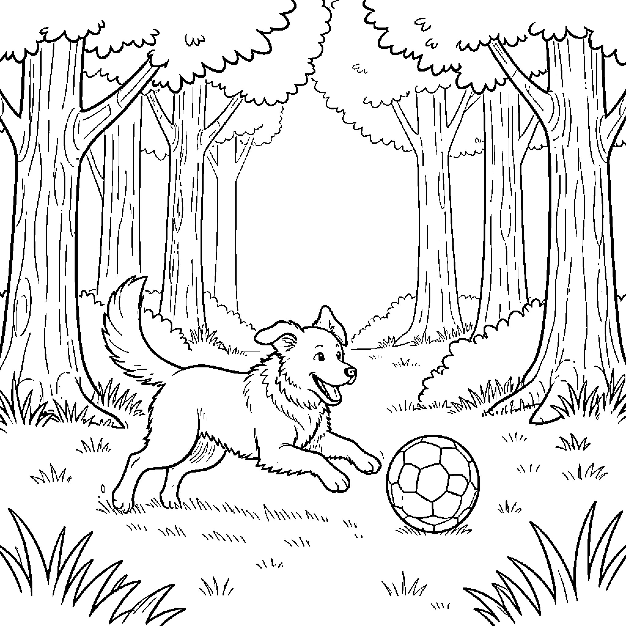 Dog running happily to catch a soccer ball Coloring Page (free black-and-white line drawing printable PDF for all, from beginners to advanced learners, including children, teens, adults, and seniors)