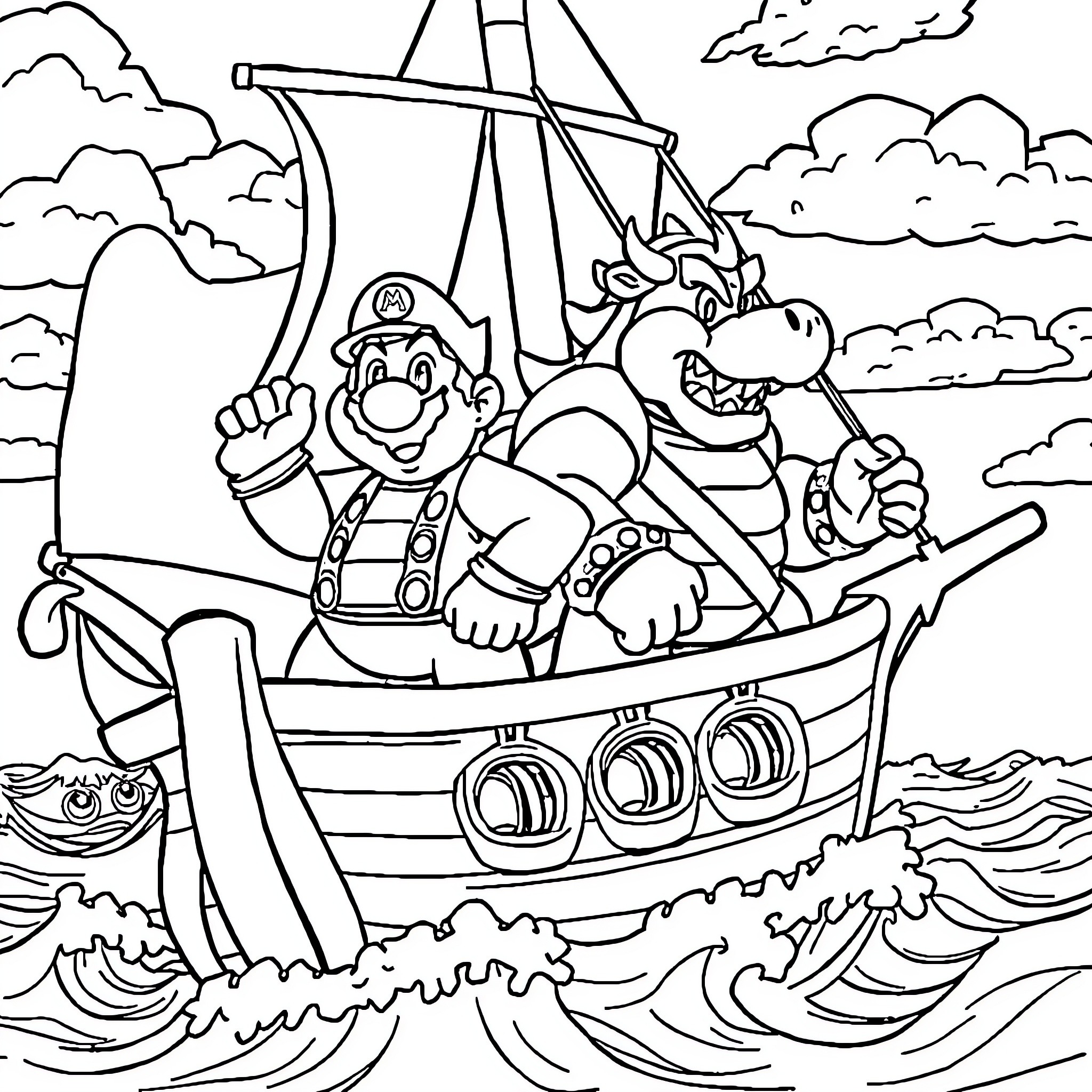 Mario and Bowser Sailing on a Pirate Ship Coloring Page (free black-and-white line drawing printable PDF for all, from beginners to advanced learners, including children, teens, adults, and seniors)