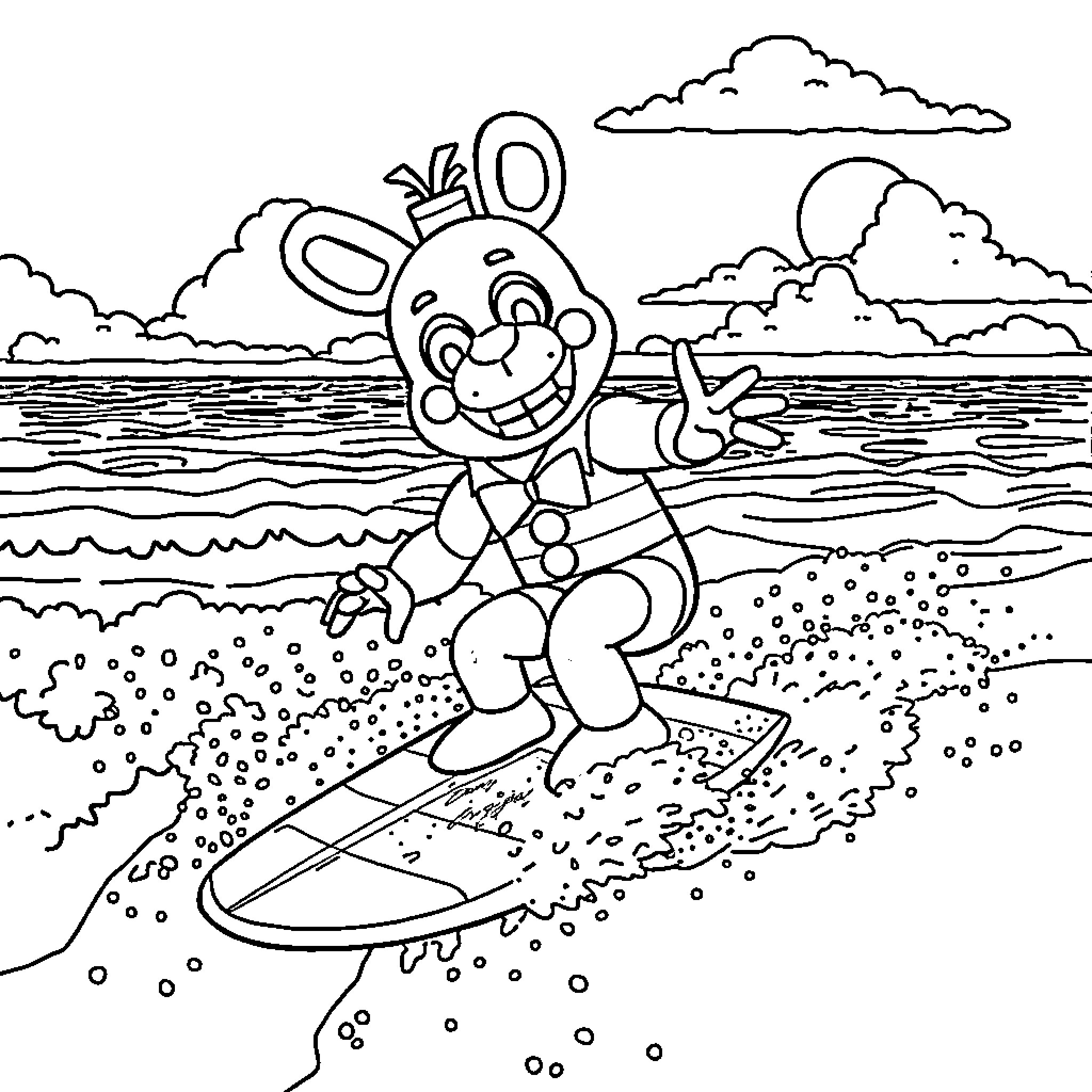 Bonnie surfing joyfully on the waves Coloring Page (free black-and-white line drawing printable PDF for all, from beginners to advanced learners, including children, teens, adults, and seniors)