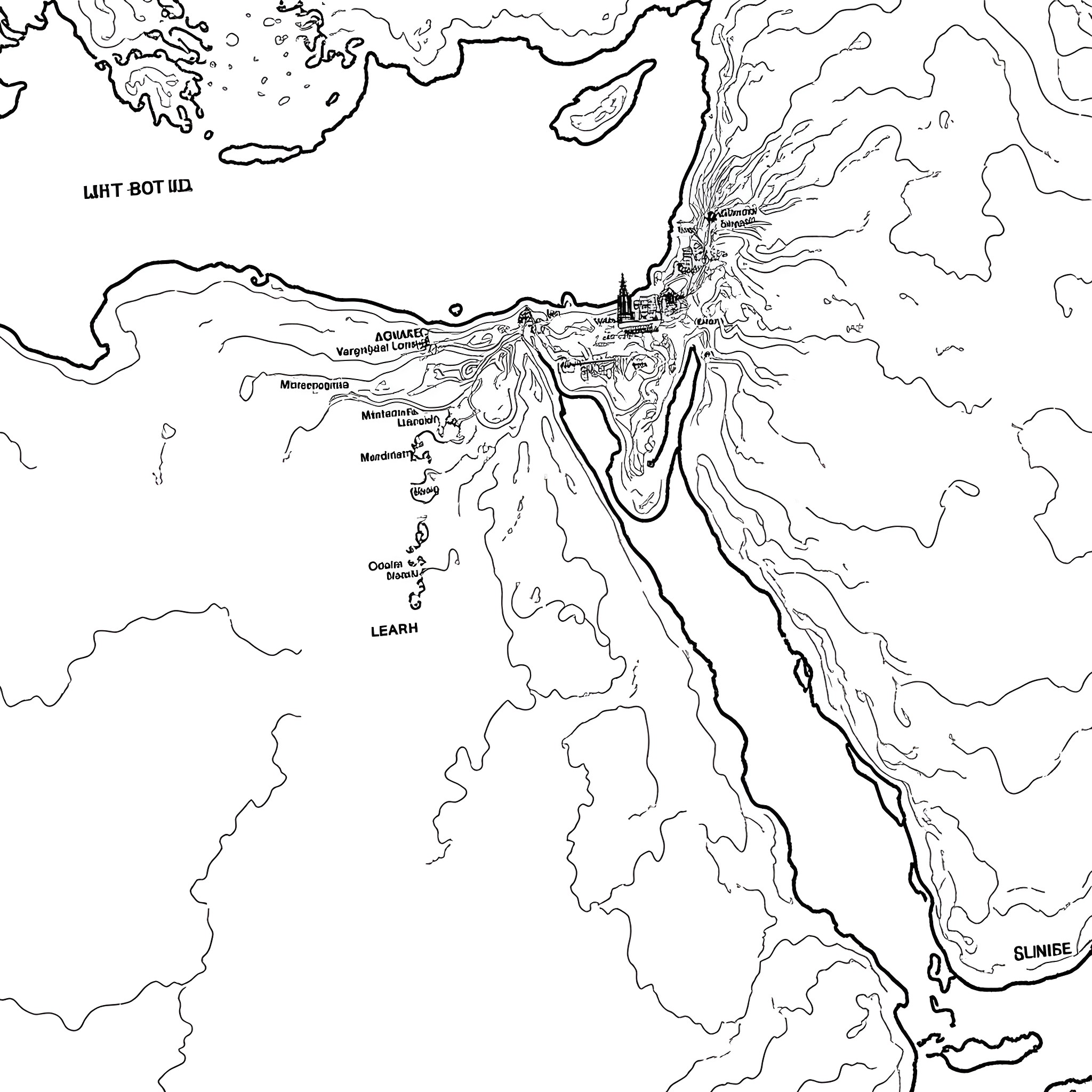 Map of a mountainous, geological region Coloring Page (free black-and-white line drawing printable PDF for all, from beginners to advanced learners, including children, teens, adults, and seniors)