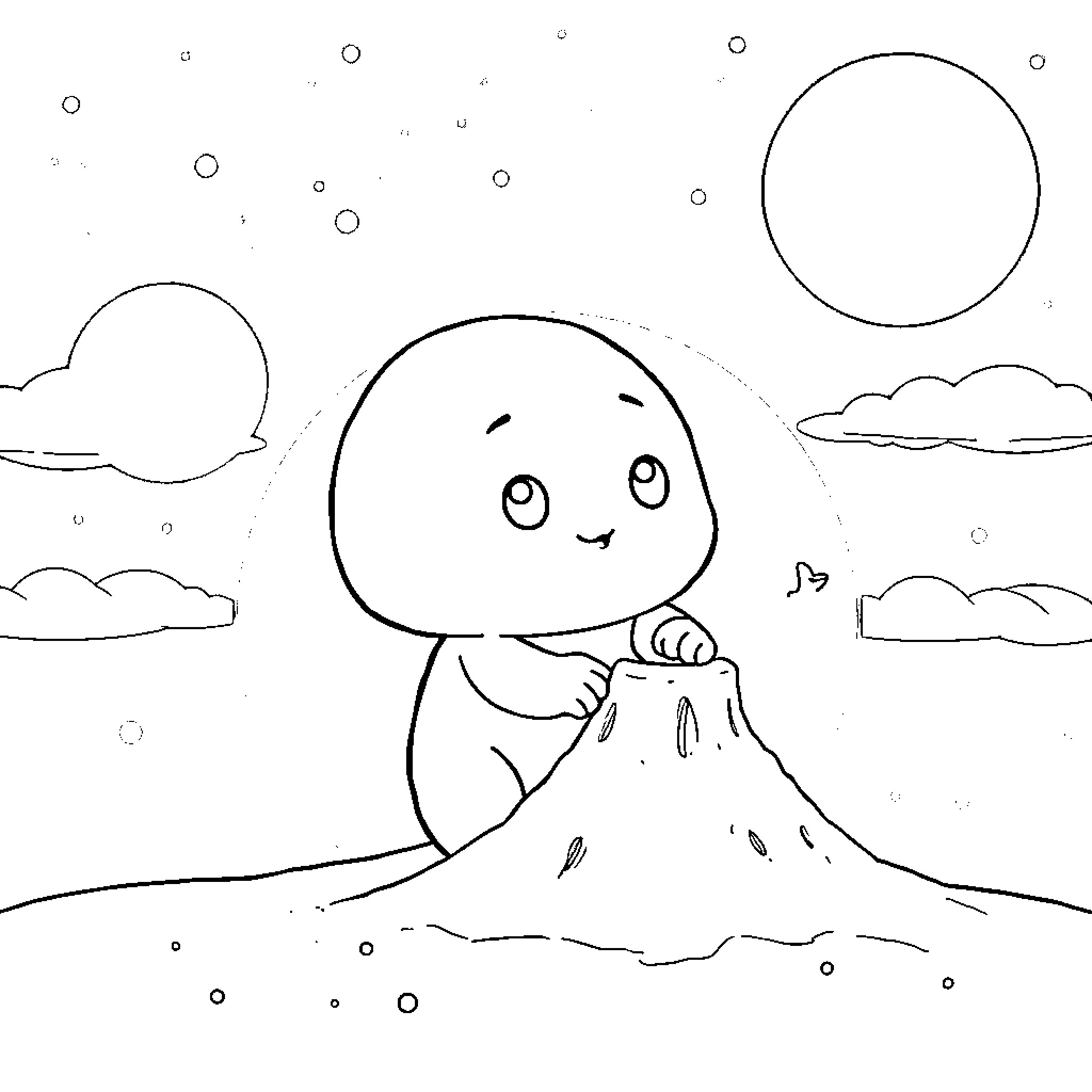 Mashimaru playing joyfully in the mountainous landscape Coloring Page (free black-and-white line drawing printable PDF for all, from beginners to advanced learners, including children, teens, adults, and seniors)