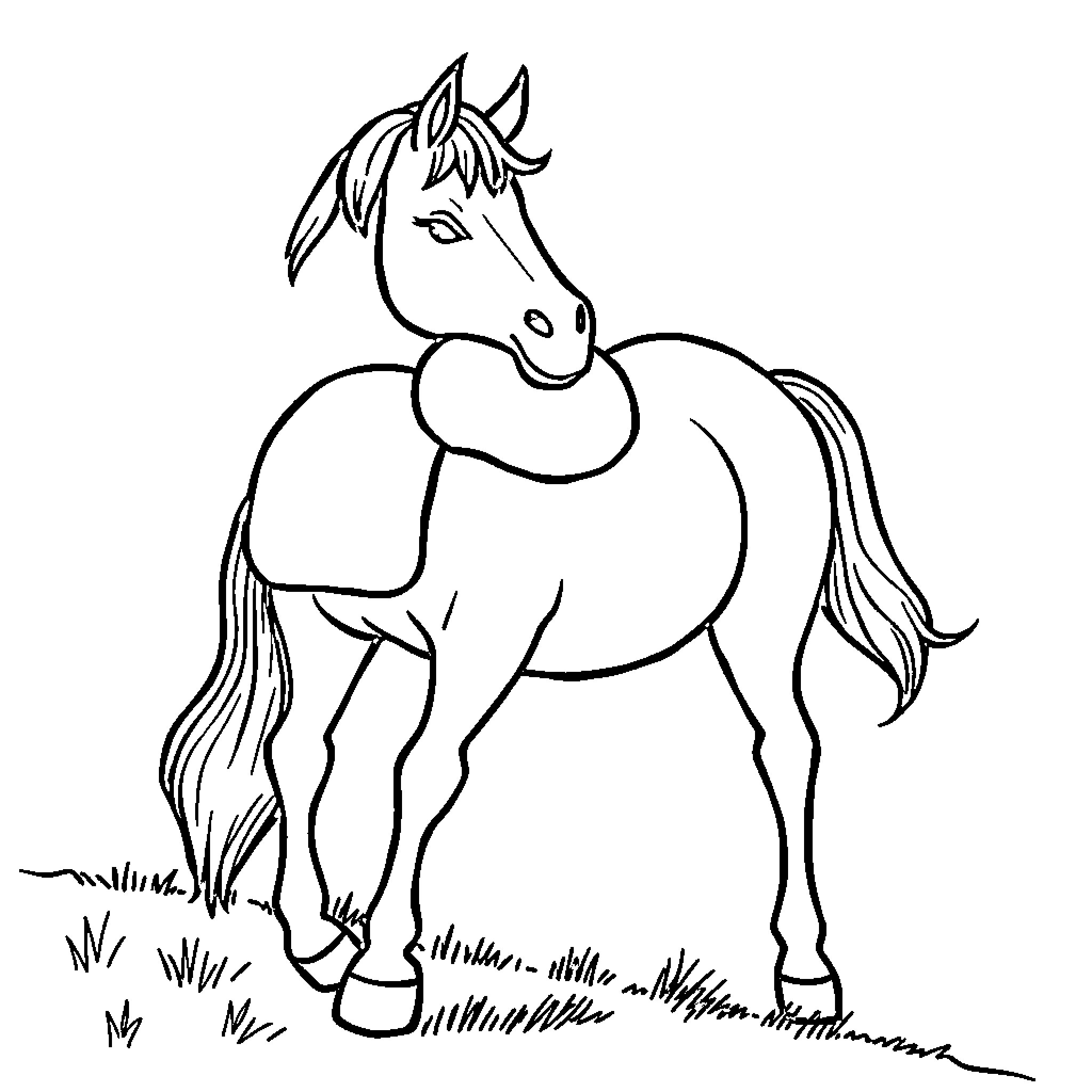 Horse standing in a field Coloring Page (free black-and-white line drawing printable PDF for all, from beginners to advanced learners, including children, teens, adults, and seniors)
