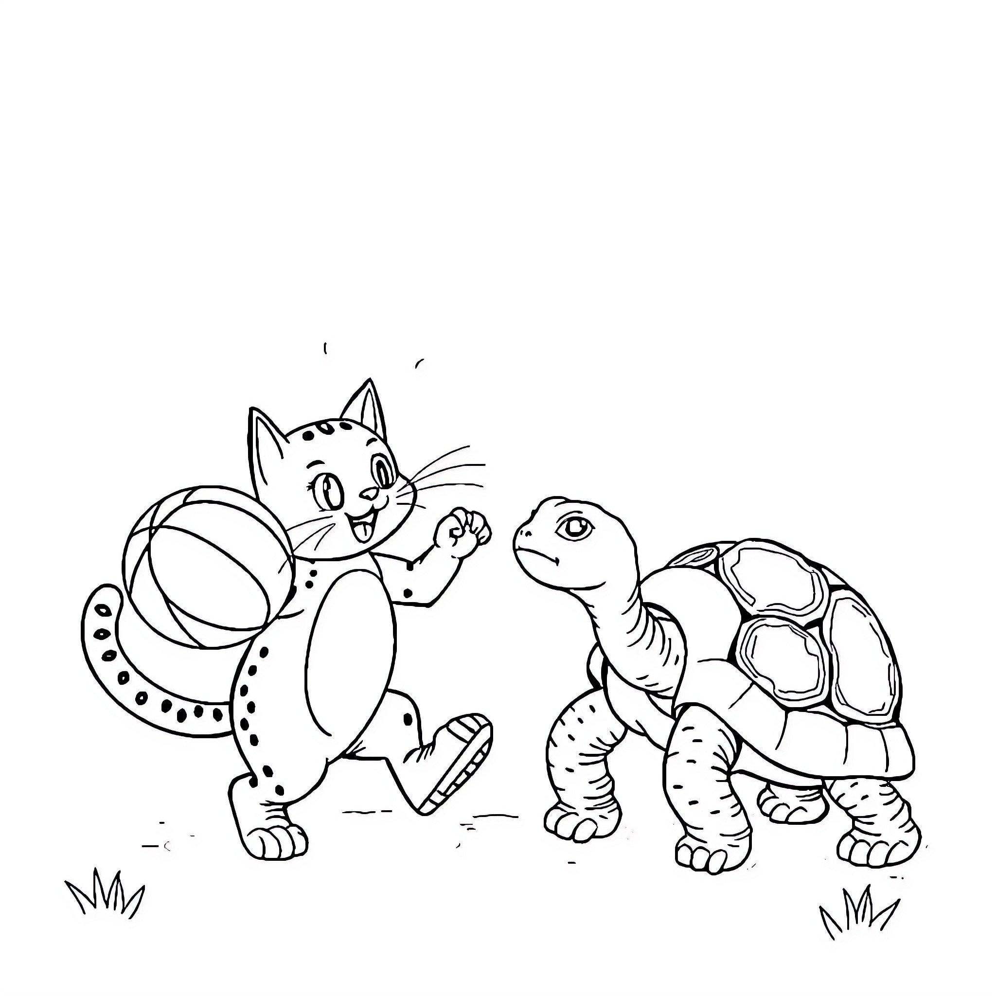 Cat and Turtle Playing Together Coloring Page (free black-and-white line drawing printable PDF for all, from beginners to advanced learners, including children, teens, adults, and seniors)