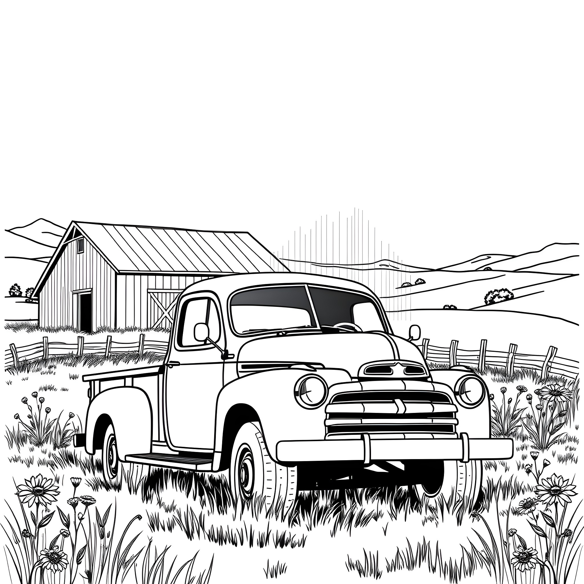 Truck parked in a rural landscape with a barn Coloring Page (free black-and-white line drawing printable PDF for all, from beginners to advanced learners, including children, teens, adults, and seniors)