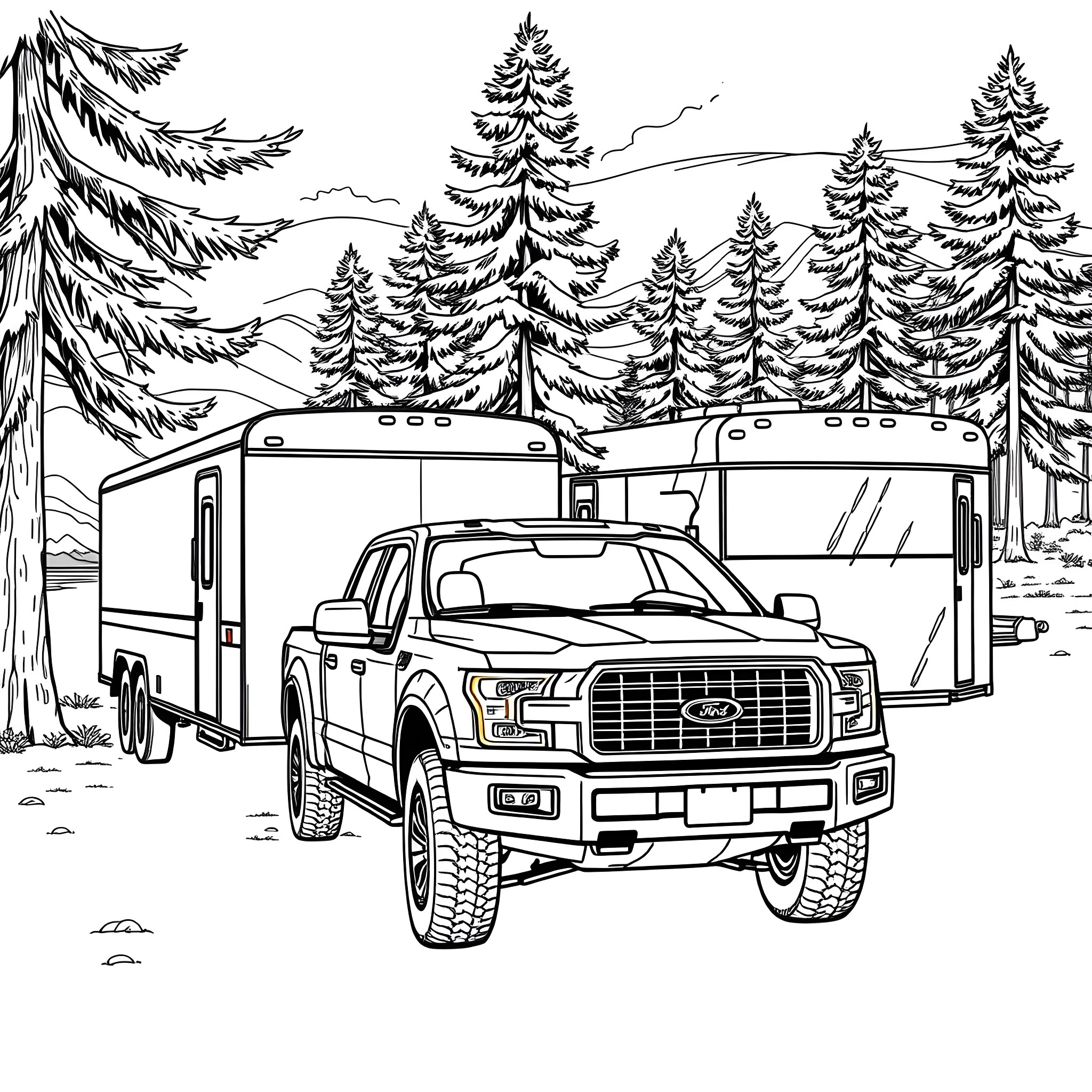 Pickup Truck Towing Camper in Snowy Forest Coloring Page (free black-and-white line drawing printable PDF for all, from beginners to advanced learners, including children, teens, adults, and seniors)