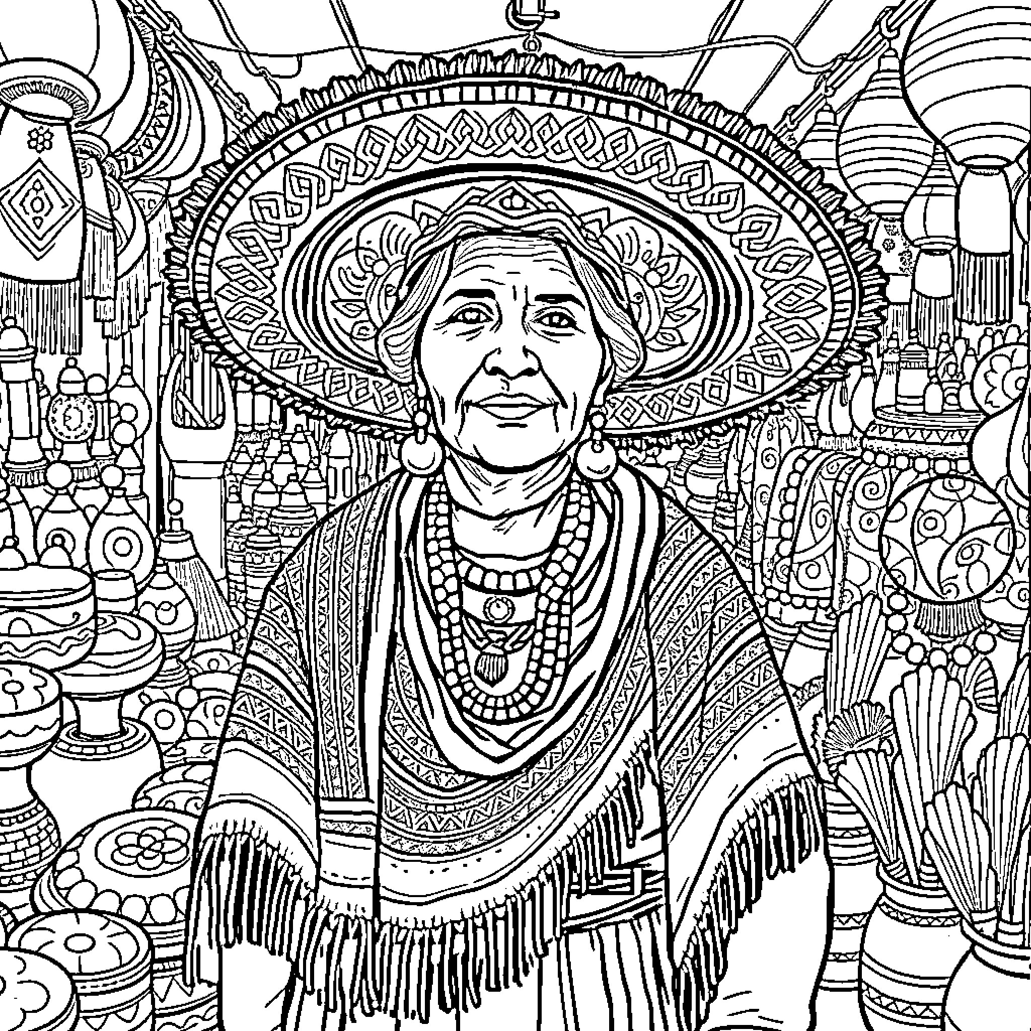 Viejito in Vibrant Cultural Attire and Surroundings Coloring Page (free black-and-white line drawing printable PDF for all, from beginners to advanced learners, including children, teens, adults, and seniors)