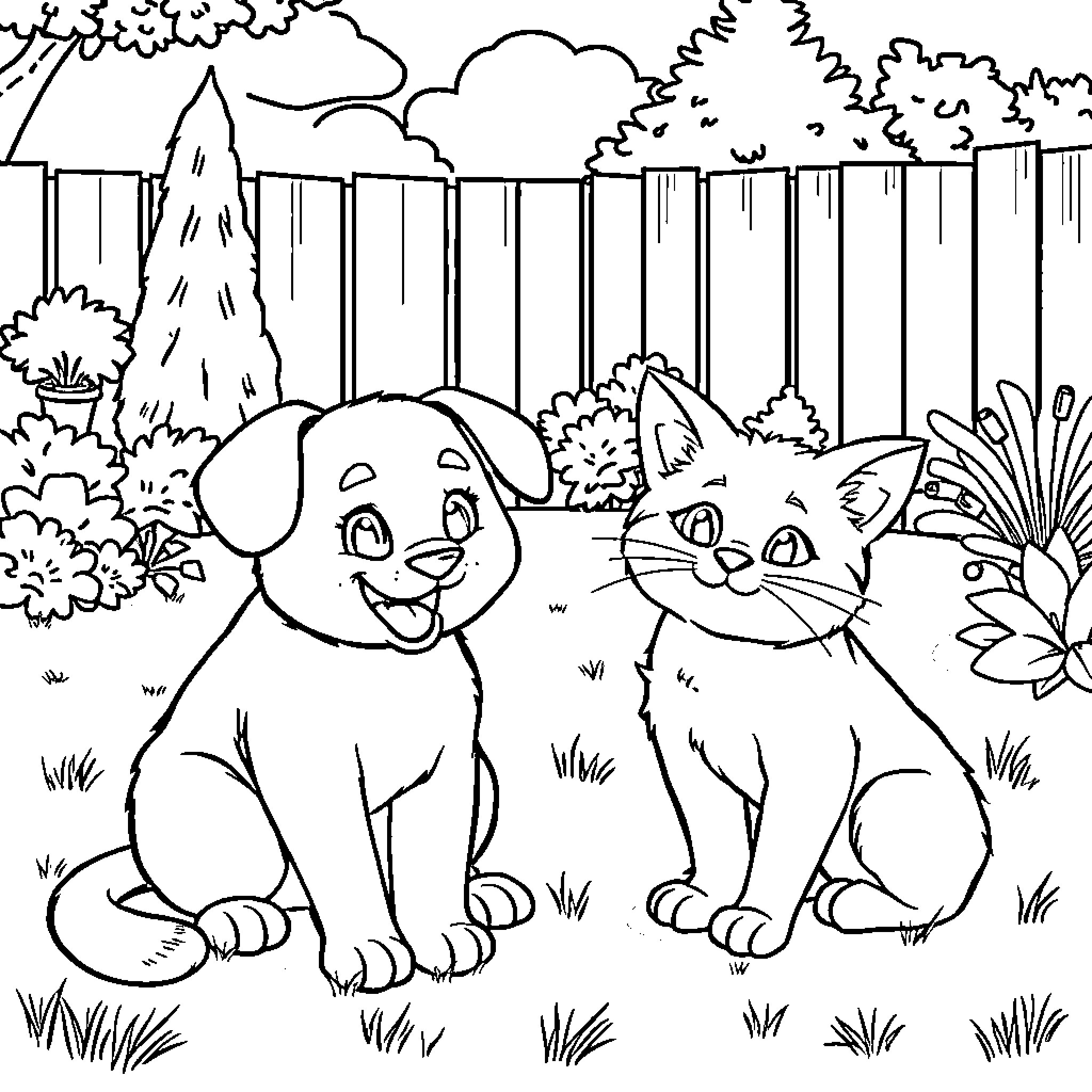 Cat and Dog playing in the backyard Coloring Page (free black-and-white line drawing printable PDF for all, from beginners to advanced learners, including children, teens, adults, and seniors)
