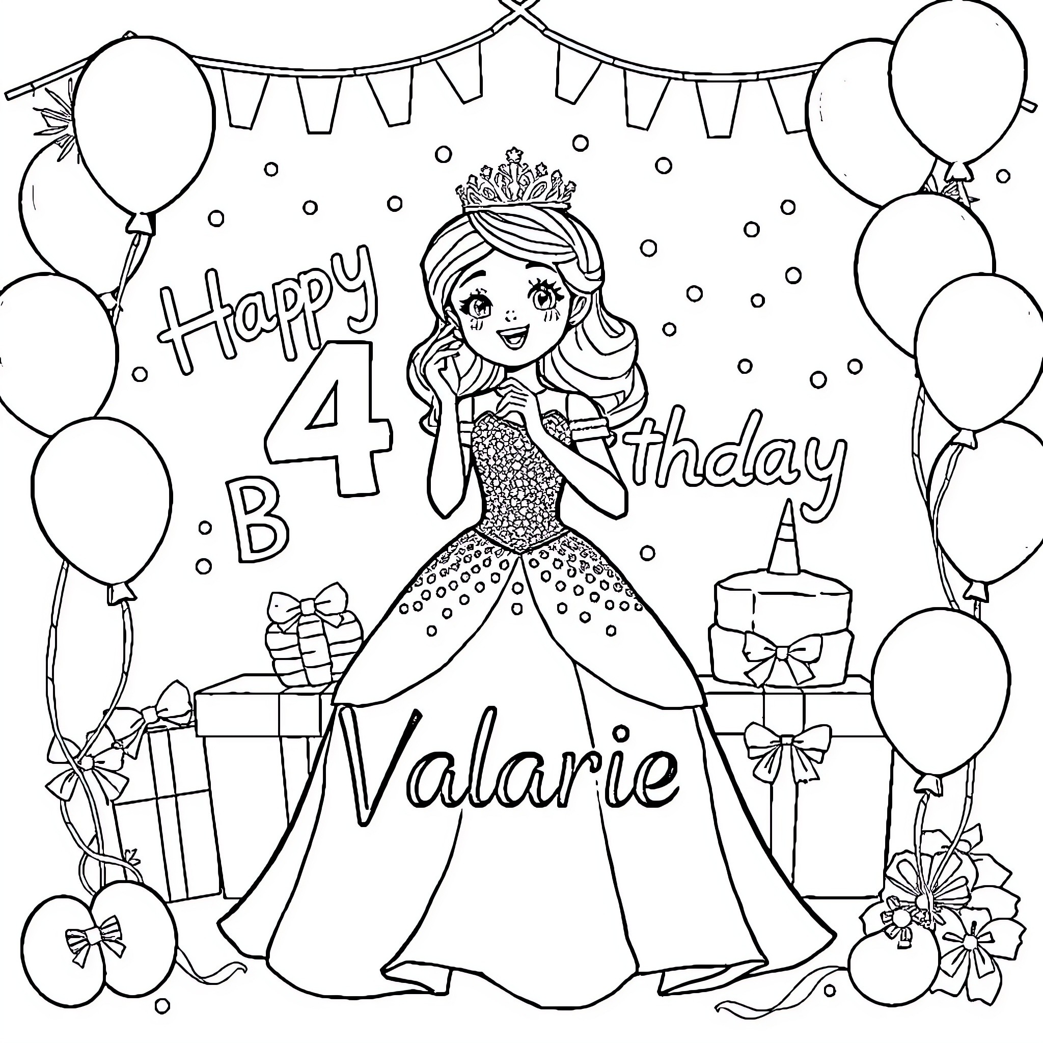 Princess Celebrating a Happy Birthday with Balloons and Gifts Coloring Page (free black-and-white line drawing printable PDF for all, from beginners to advanced learners, including children, teens, adults, and seniors)