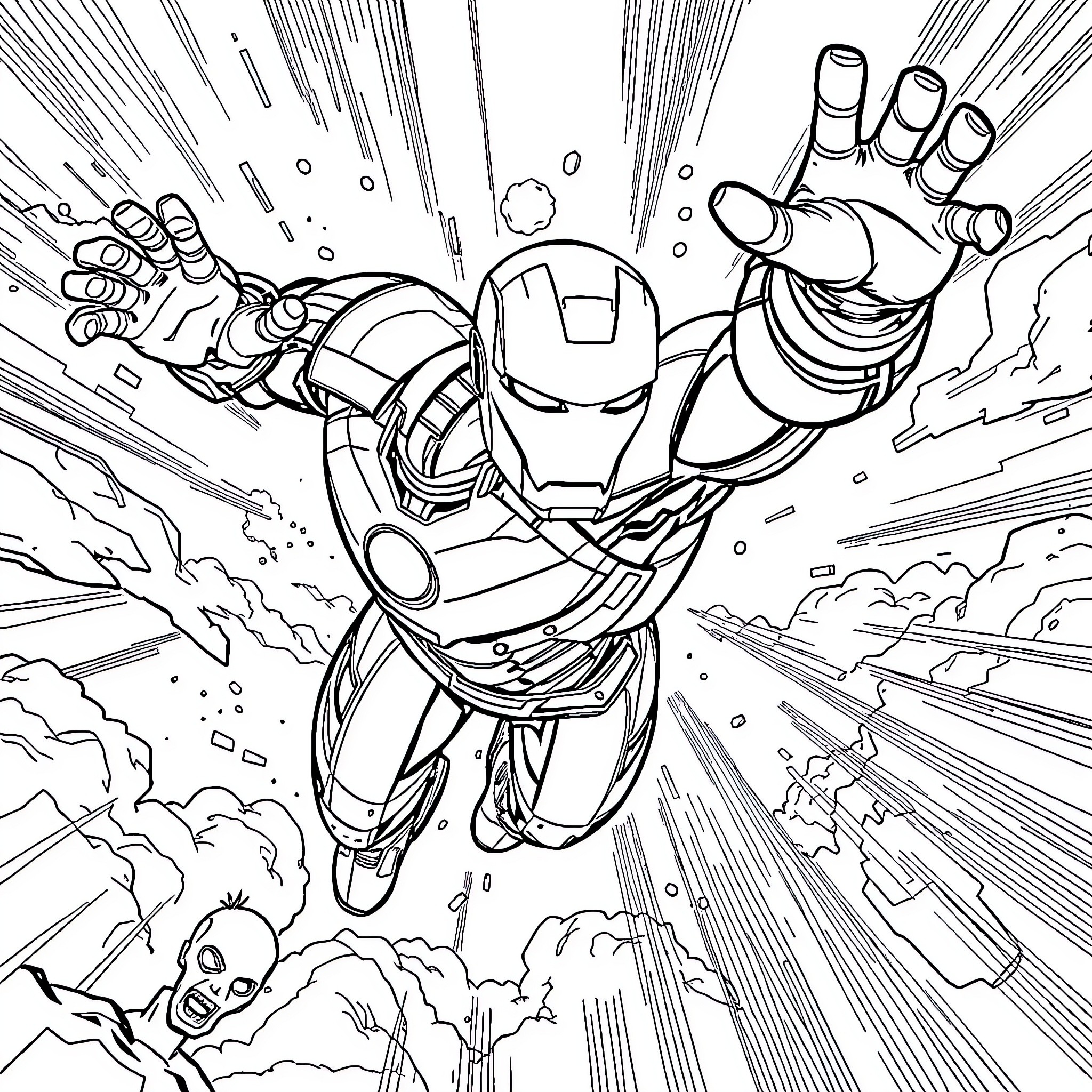 Iron Man taking flight in action-packed scene Coloring Page (free black-and-white line drawing printable PDF for all, from beginners to advanced learners, including children, teens, adults, and seniors)