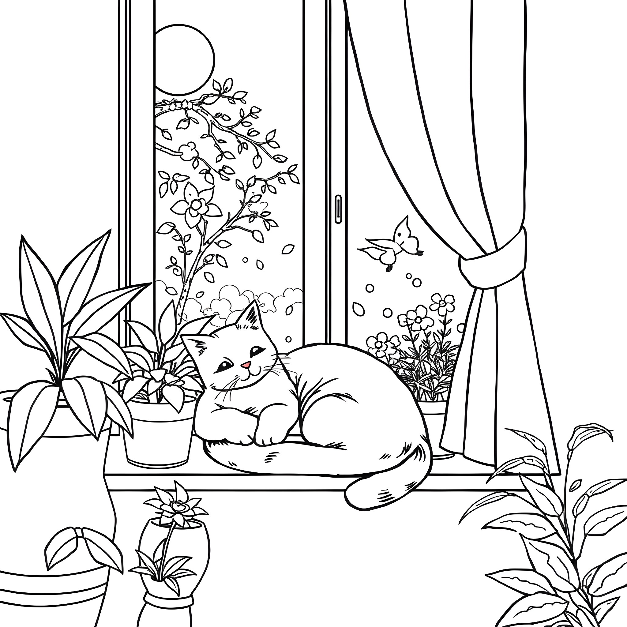 Cat resting peacefully in the indoor garden Coloring Page (free black-and-white line drawing printable PDF for all, from beginners to advanced learners, including children, teens, adults, and seniors)