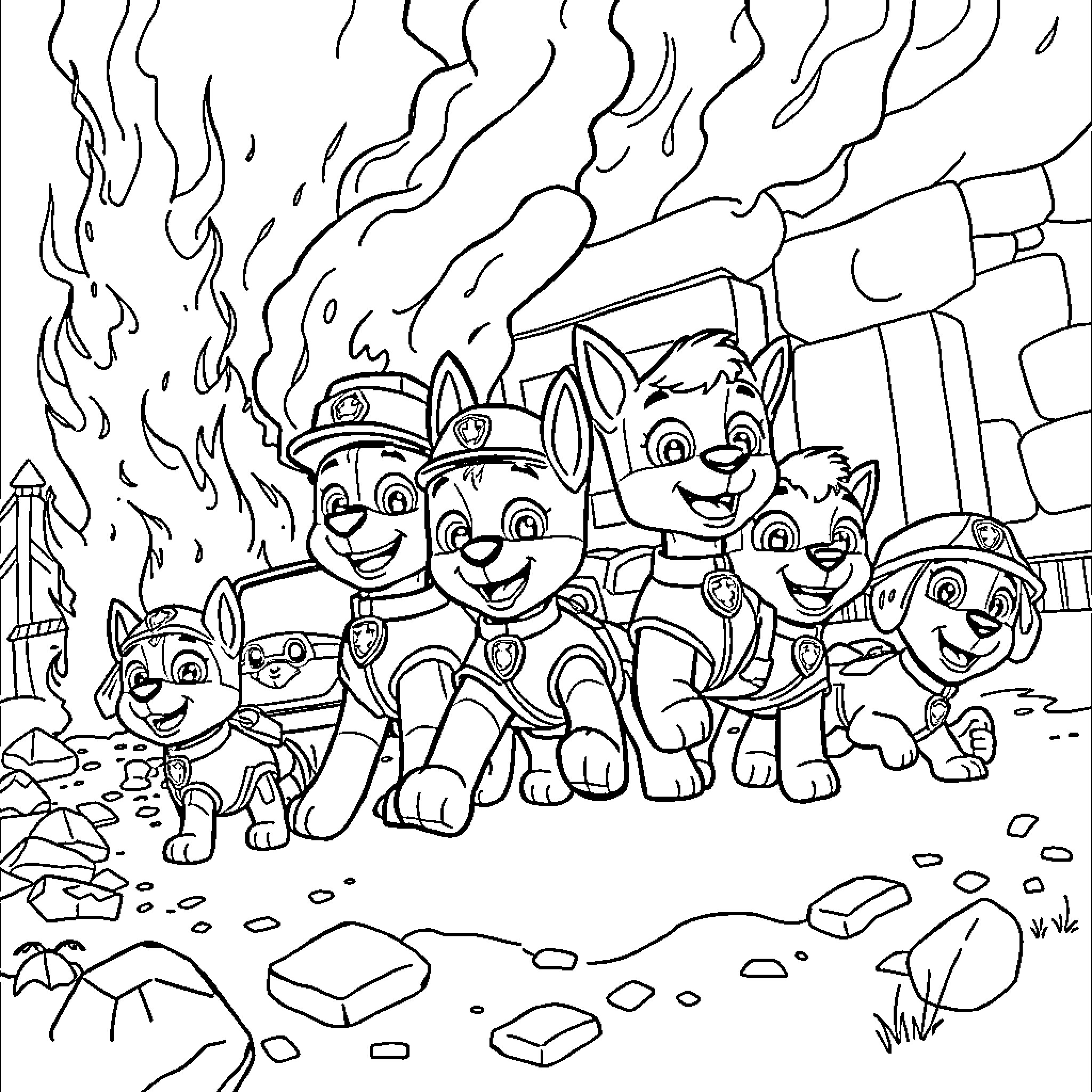 Paw Patrol Firefighters Battling Blaze Coloring Page (free black-and-white line drawing printable PDF for all, from beginners to advanced learners, including children, teens, adults, and seniors)