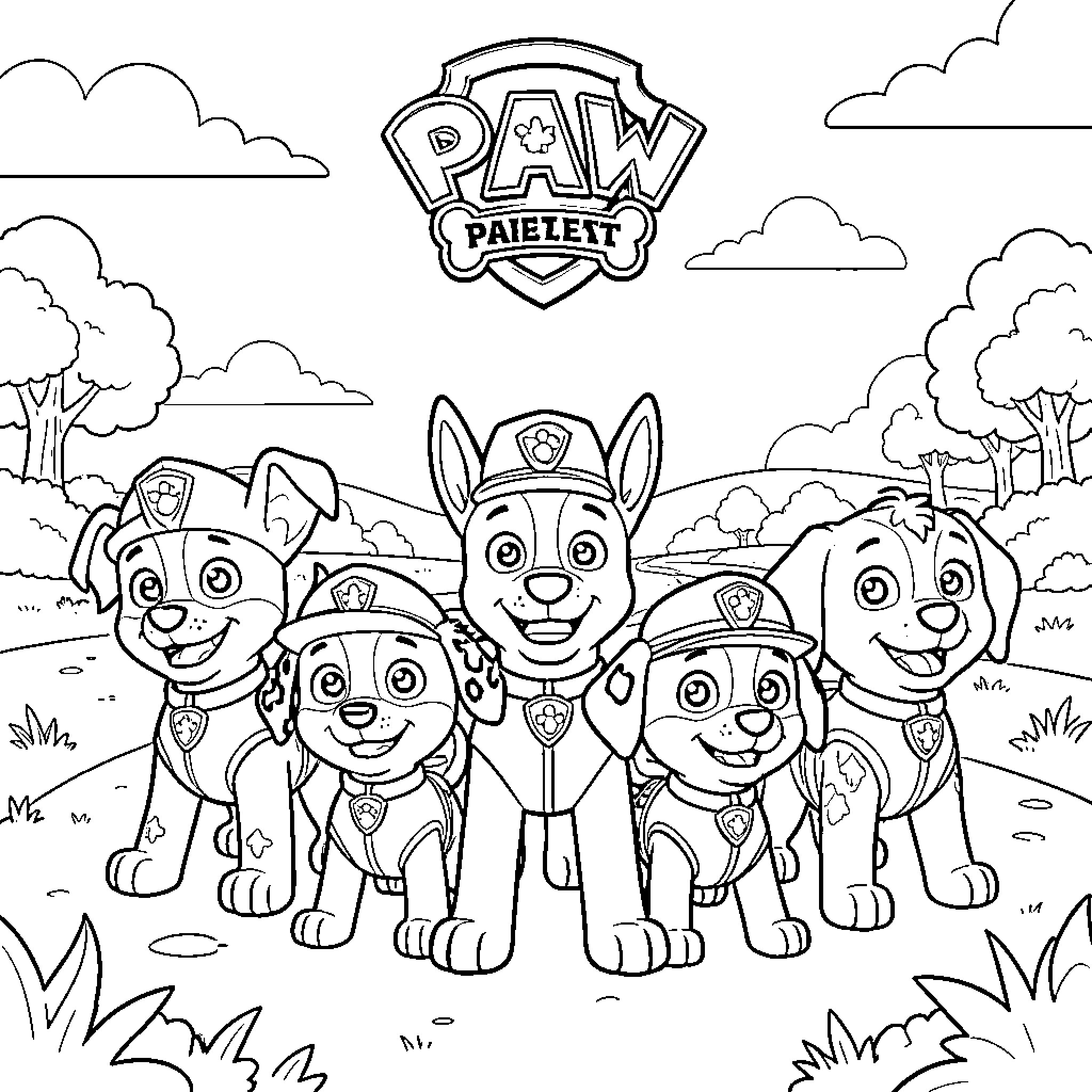 Paw Patrol pups posing together in a landscape Coloring Page (free black-and-white line drawing printable PDF for all, from beginners to advanced learners, including children, teens, adults, and seniors)