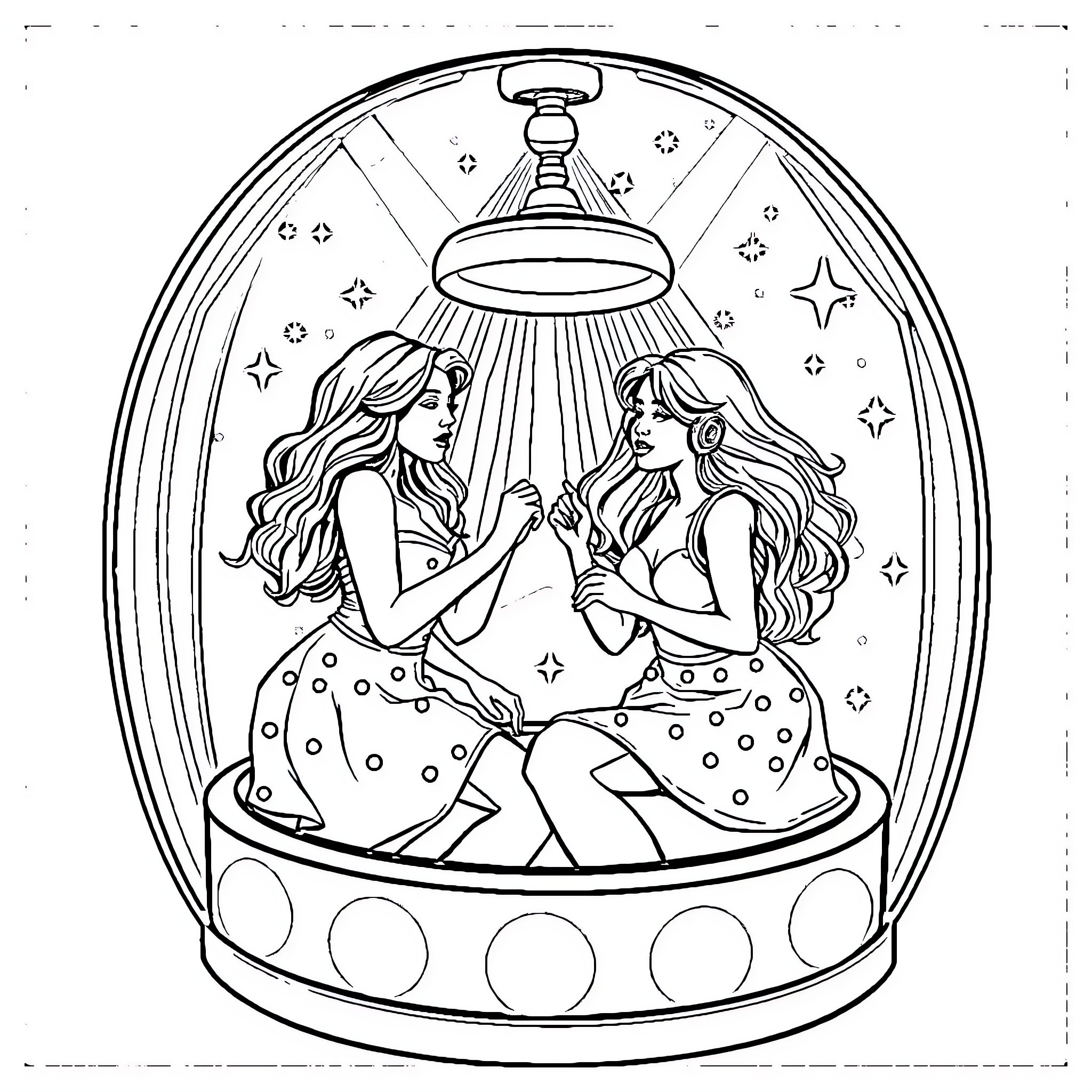 Sister enjoying magical moment under starry sky Coloring Page (free black-and-white line drawing printable PDF for all, from beginners to advanced learners, including children, teens, adults, and seniors)