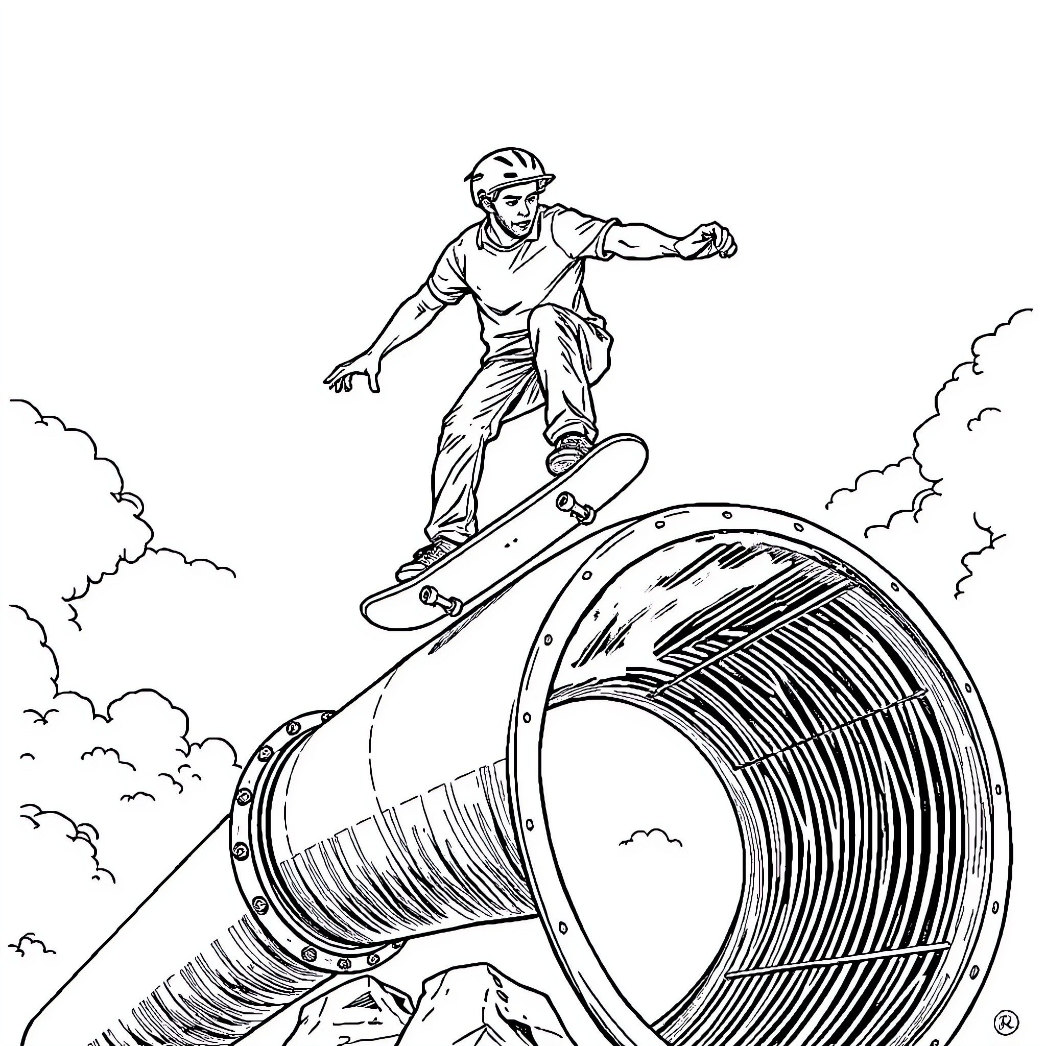 Skateboarder performing daring tricks on pipeline Coloring Page (free black-and-white line drawing printable PDF for all, from beginners to advanced learners, including children, teens, adults, and seniors)