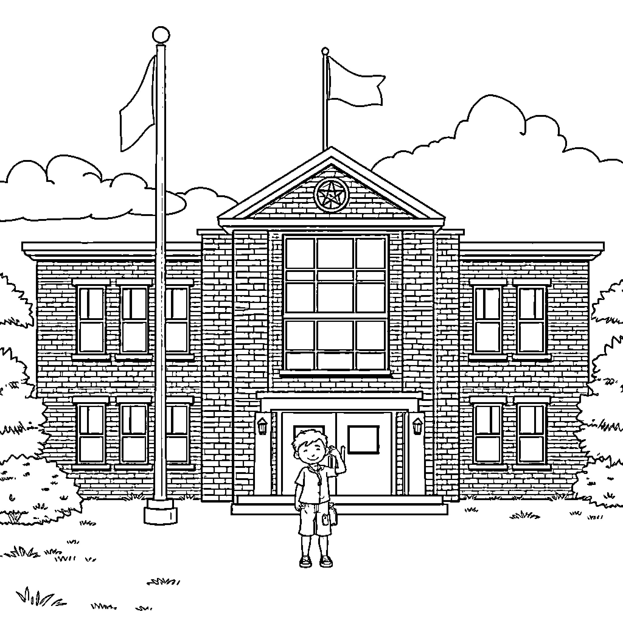 Kid standing in front of school building Coloring Page (free black-and-white line drawing printable PDF for all, from beginners to advanced learners, including children, teens, adults, and seniors)