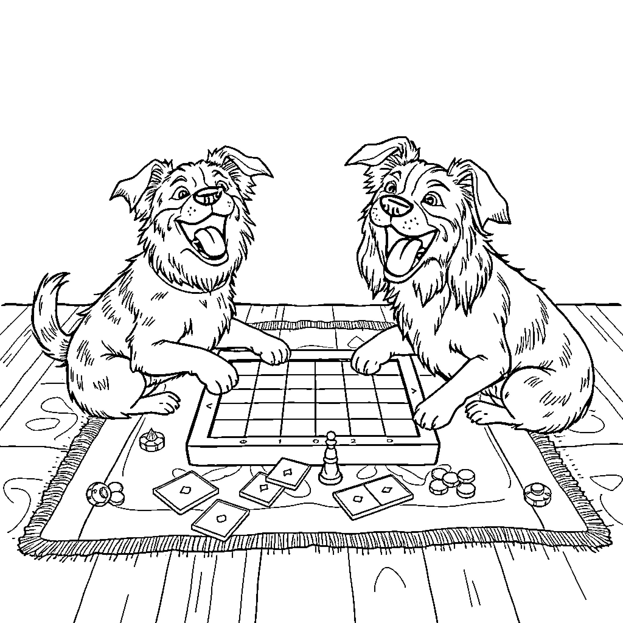 Dogs playing board game together Coloring Page (free black-and-white line drawing printable PDF for all, from beginners to advanced learners, including children, teens, adults, and seniors)