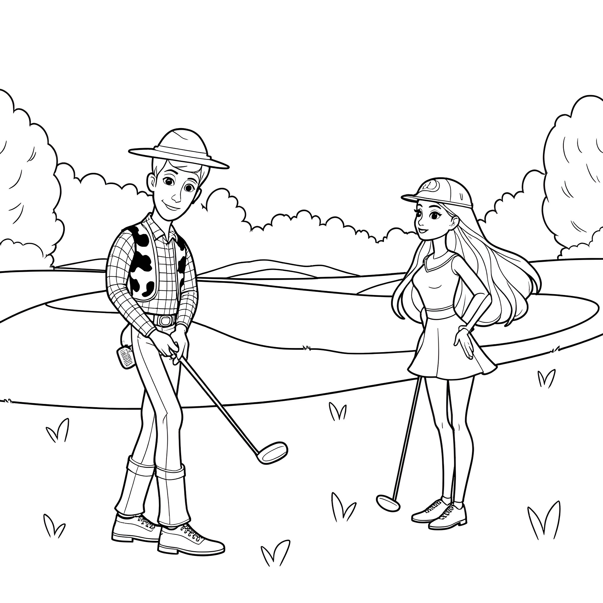 Barbie and Ken playing golf in the park Coloring Page (free black-and-white line drawing printable PDF for all, from beginners to advanced learners, including children, teens, adults, and seniors)