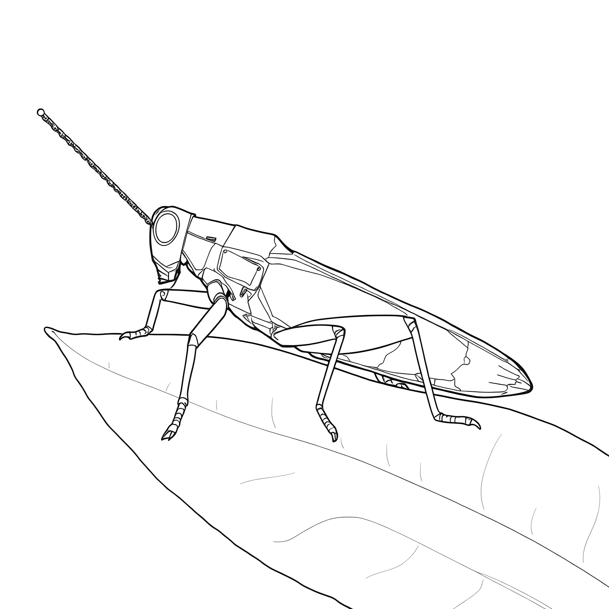 Grasshopper crawling along the edge of a leaf Coloring Page (free black-and-white line drawing printable PDF for all, from beginners to advanced learners, including children, teens, adults, and seniors)